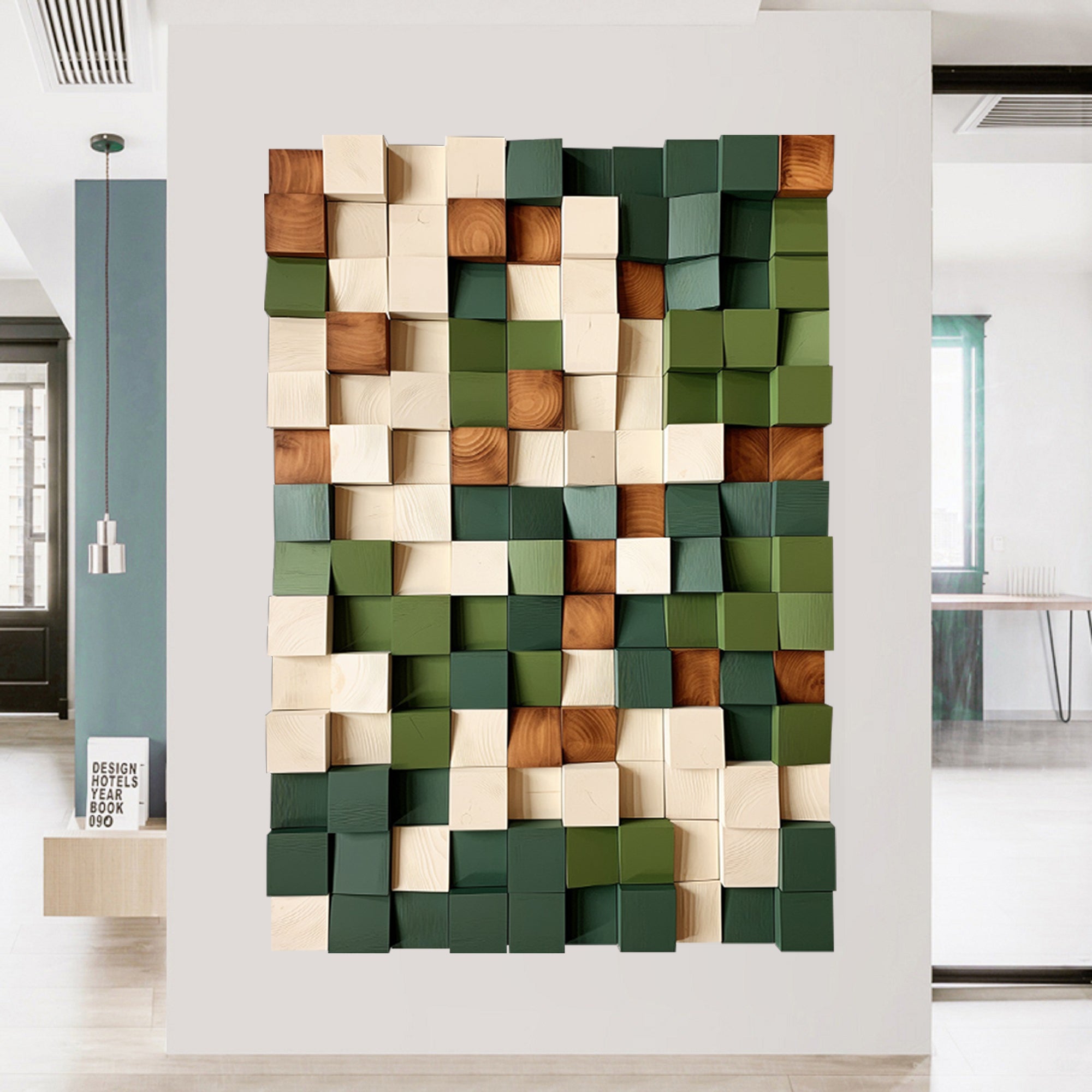 Colorful Wood Block Art Geometric Wood Wall Art Green Sculptured art Painting Green Textured Wall Art Colorful Geometric Wood Art