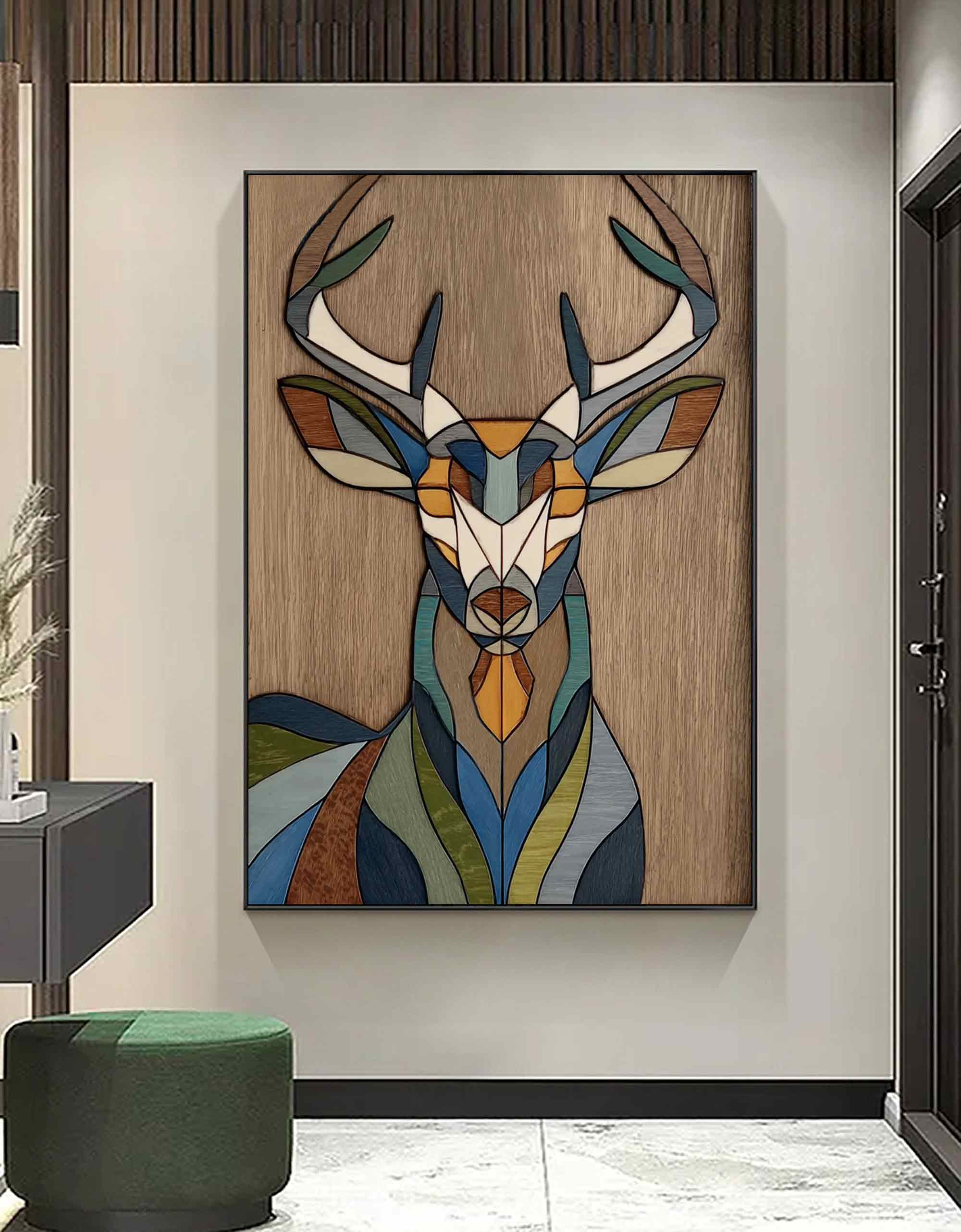 Geometric deer head wood wall art Stained wood style deer wall decor