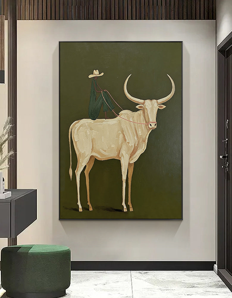 Abstract bull and Rider Wall Art - Minimalist Equestrian Painting
