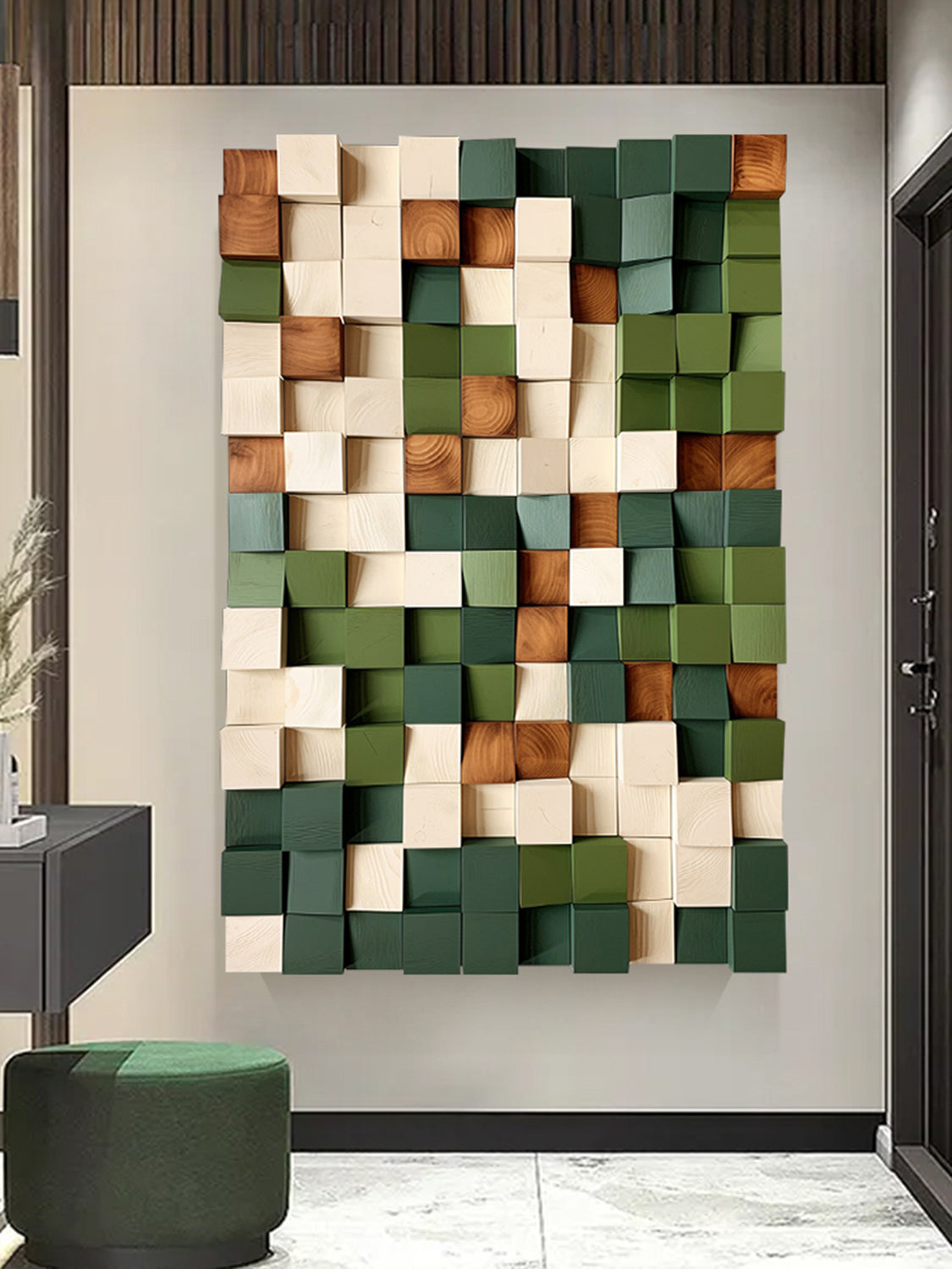Colorful Wood Block Art Geometric Wood Wall Art Green Sculptured art Painting Green Textured Wall Art Colorful Geometric Wood Art
