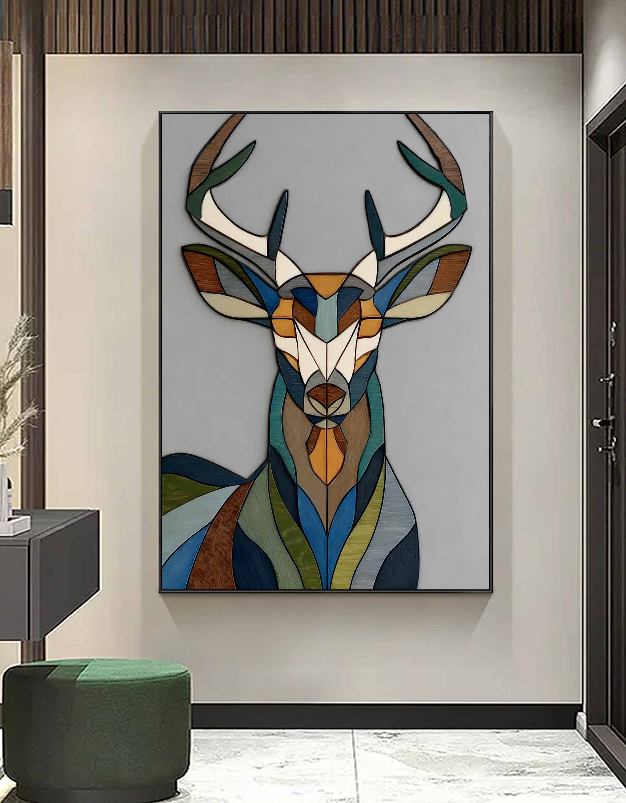 colorful Abstract wooden deer art Living room geometric deer decor