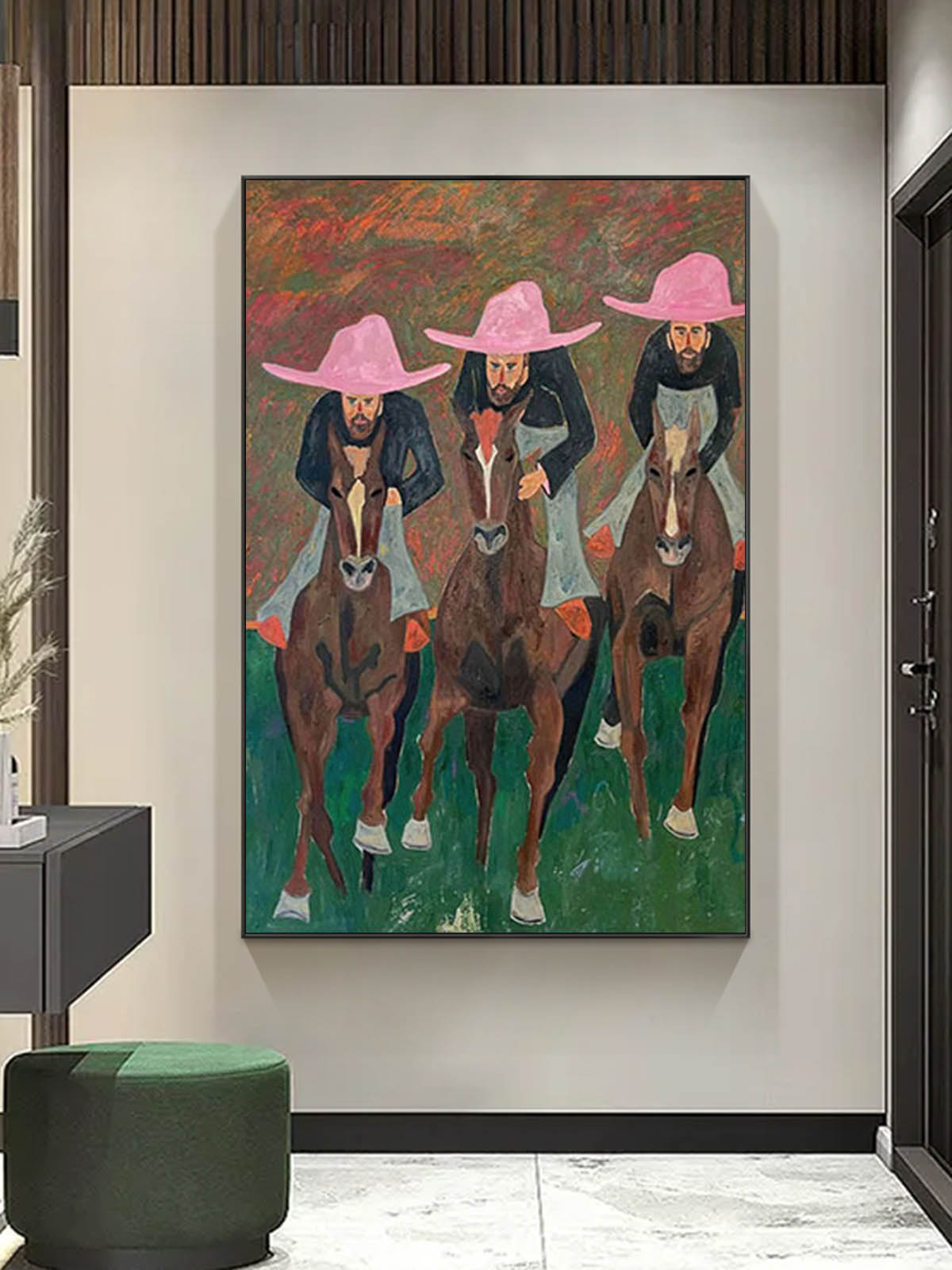 Pink hat man riding horse abstract painting pink hat man abstract art man riding horse abstract painting