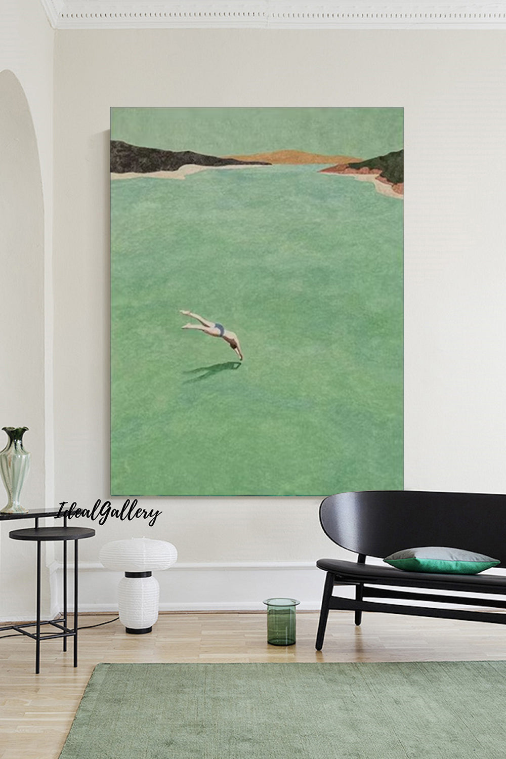 A man Diving Swimming Drawing Diving Swimming Drawing Large green wall art swimming painting holiday style wall art
