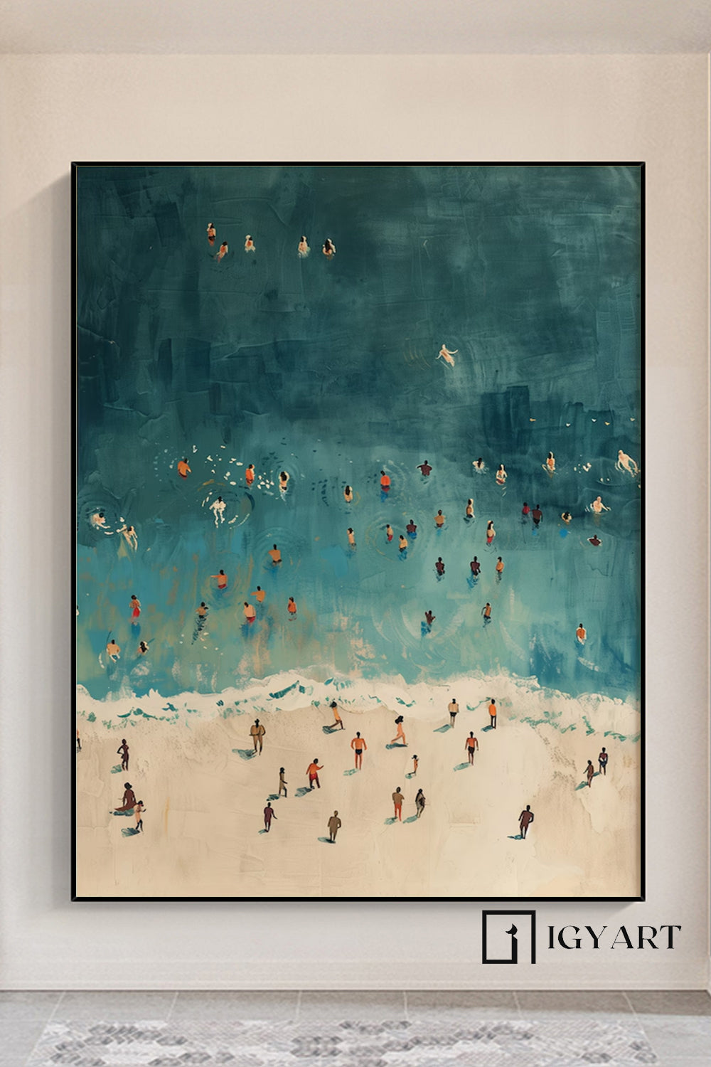 Tiny People Swimming in Ocean Hand-painted oil painting, swimming painting Summer Poster, Beach House Decor