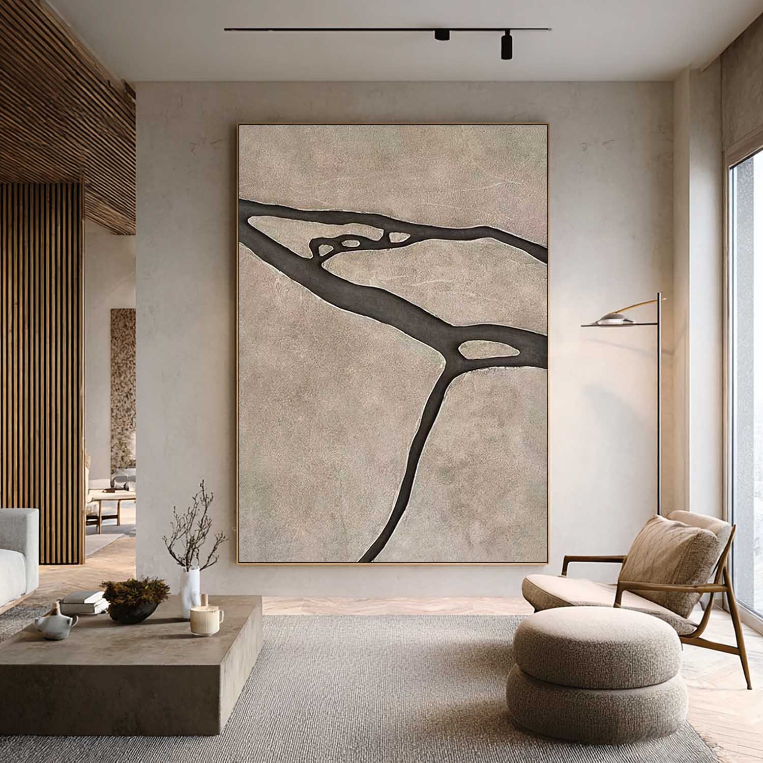 Modern living room with abstract artwork on the wall