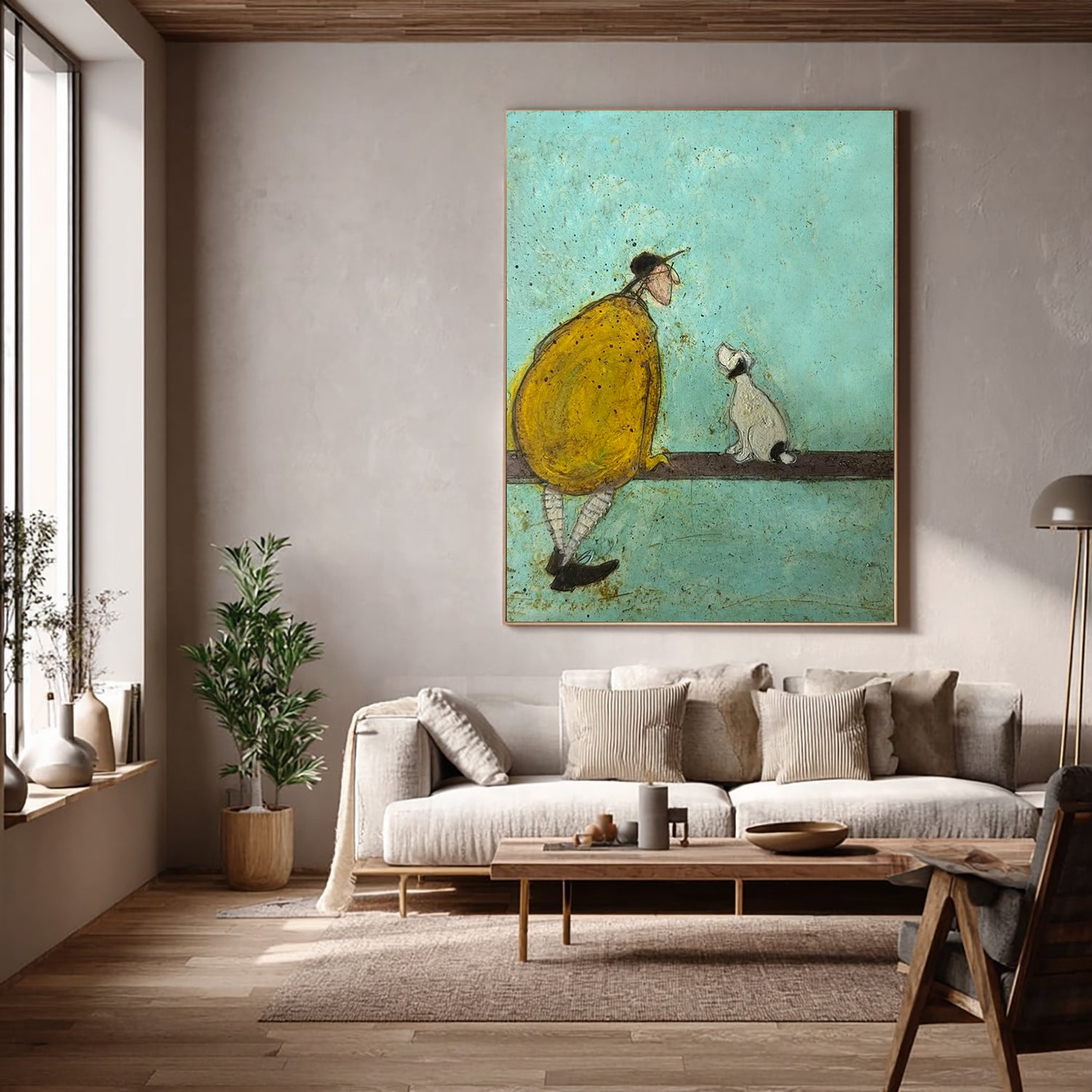 Whimsical Man and Loyal Dog Canvas Wall Art - Modern Minimalist Palette Knife Oil Painting for Living Room
