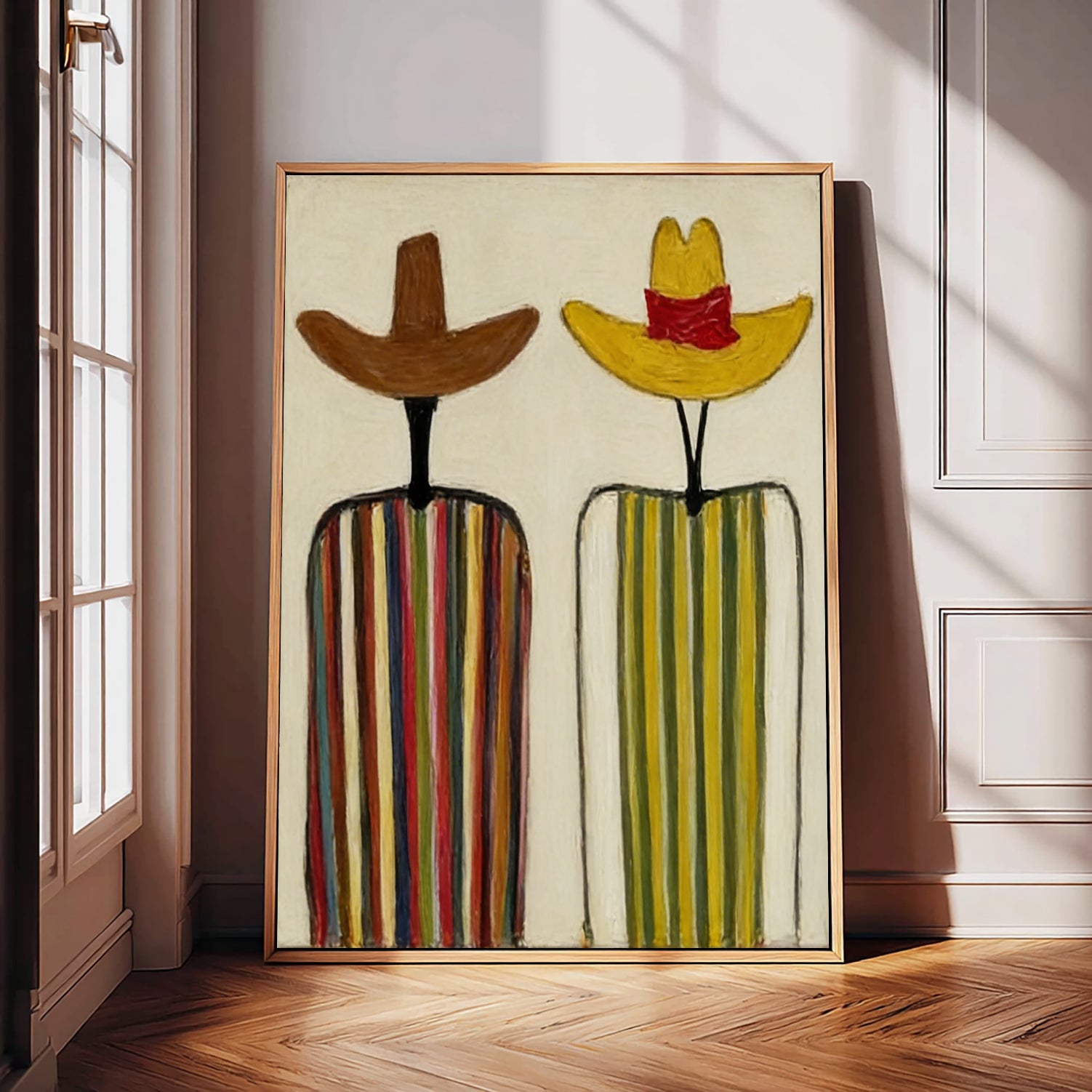 Modern Abstract Cowboy Oil Painting - Hand-Painted Minimalist Figures in Sombreros