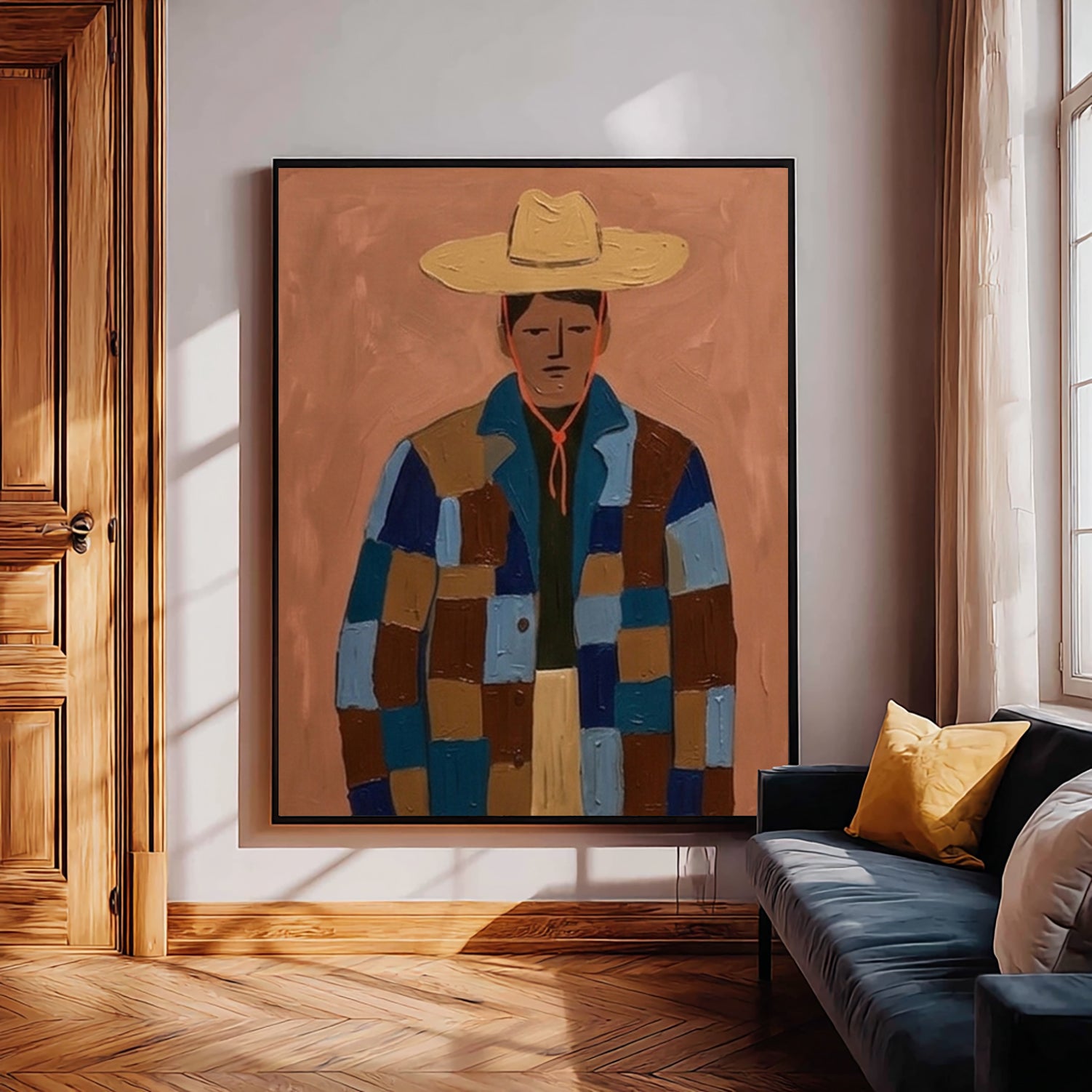 Modern Portrait Oil Painting , Abstract Man in Patchwork Jacket Canvas Art, Japandi Wall Decor