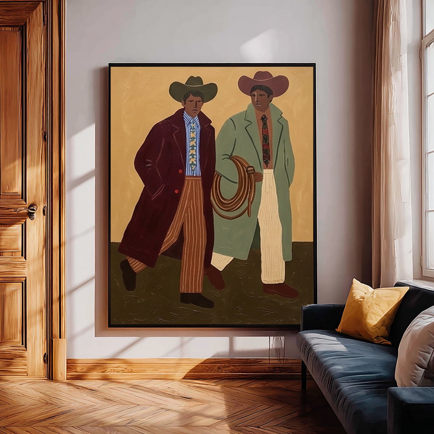 Abstract Cowboys Art , Mid-Century Modern Two Men Walking Painting, Earth Tone Boho Wall art