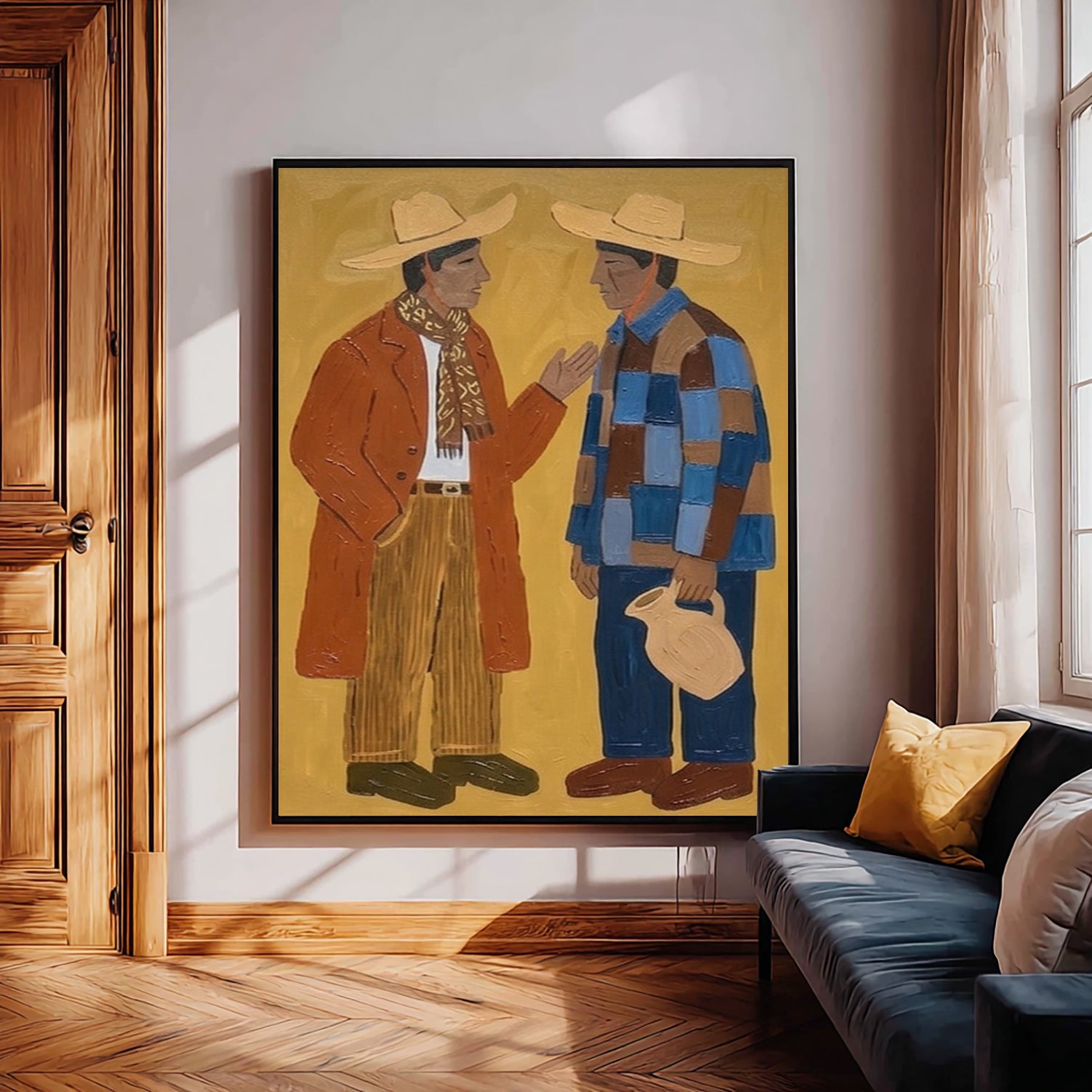 Abstract figure Art, Two Men in Straw Hats Painting, Mid Century Modern Rustic Folk Wall Decor