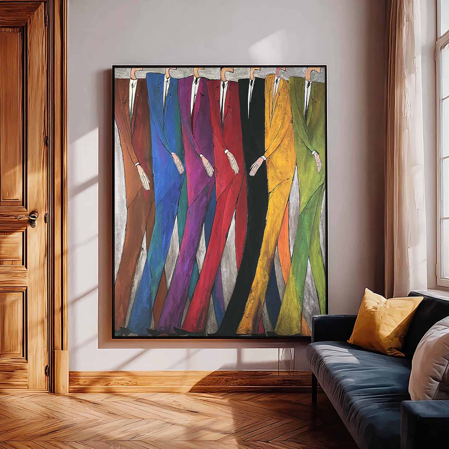 Modern Abstract Figures Painting - Mid-Century Hand-Painted Figures for Office Decor