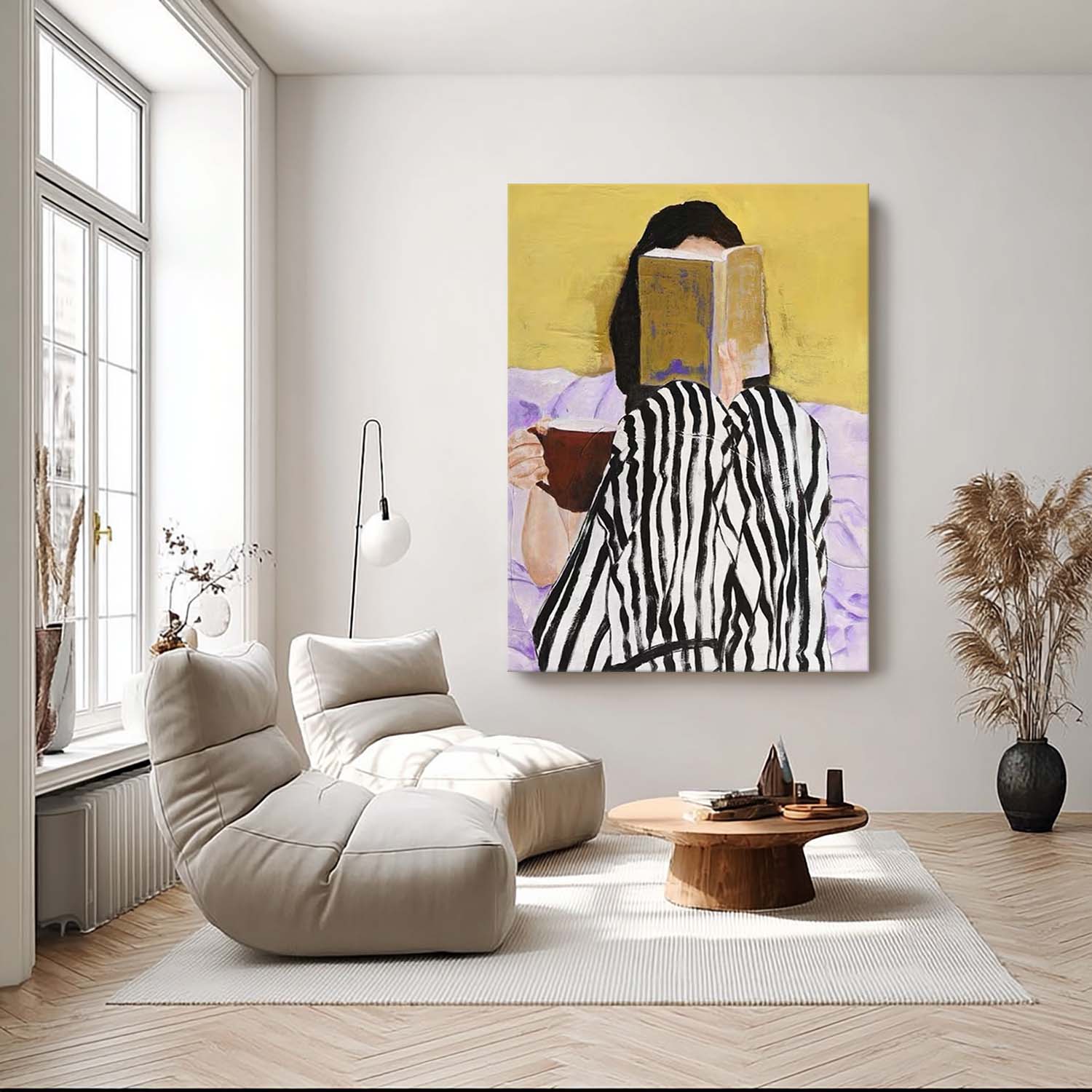 Modern Girl Reading Oil Painting, Black and White Striped Art, Yellow Wall Decor