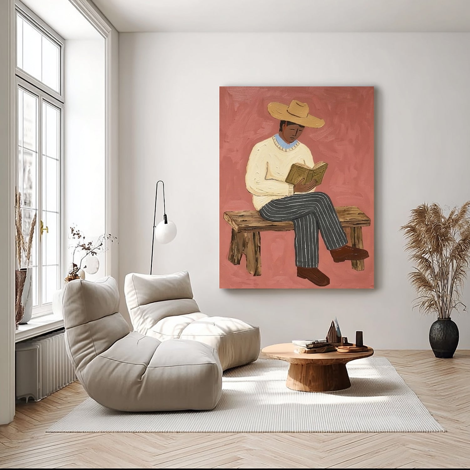 Modern Rustic Male Portrait Painting, Japandi Home Decor, Book Lover Gift Canvas