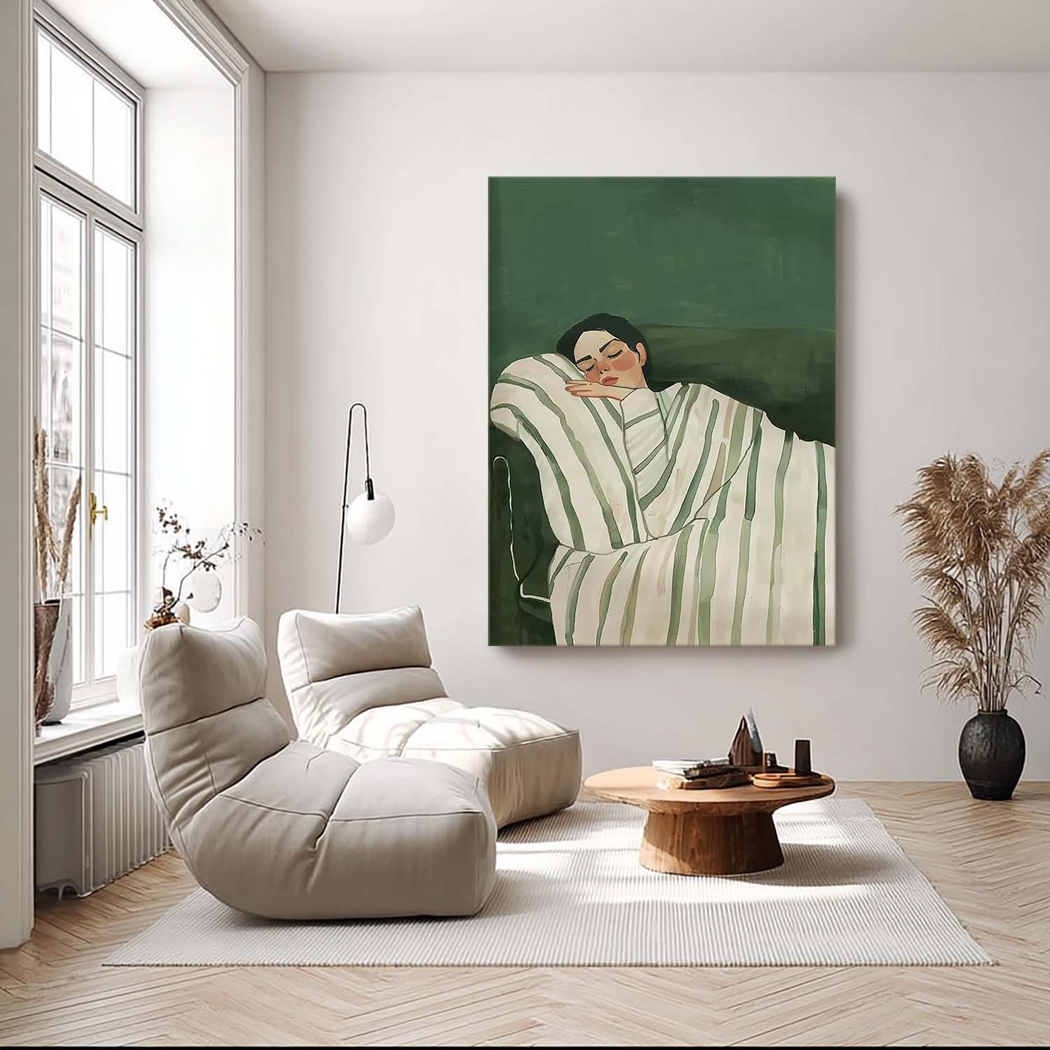 Mid-century Modern Sleeping Girl Oil Painting, Minimalist Green Wall Art