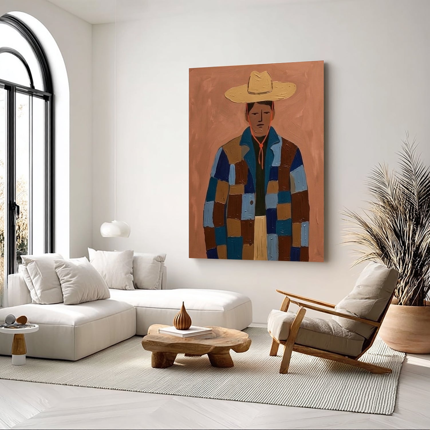 Modern Portrait Oil Painting , Abstract Man in Patchwork Jacket Canvas Art, Japandi Wall Decor