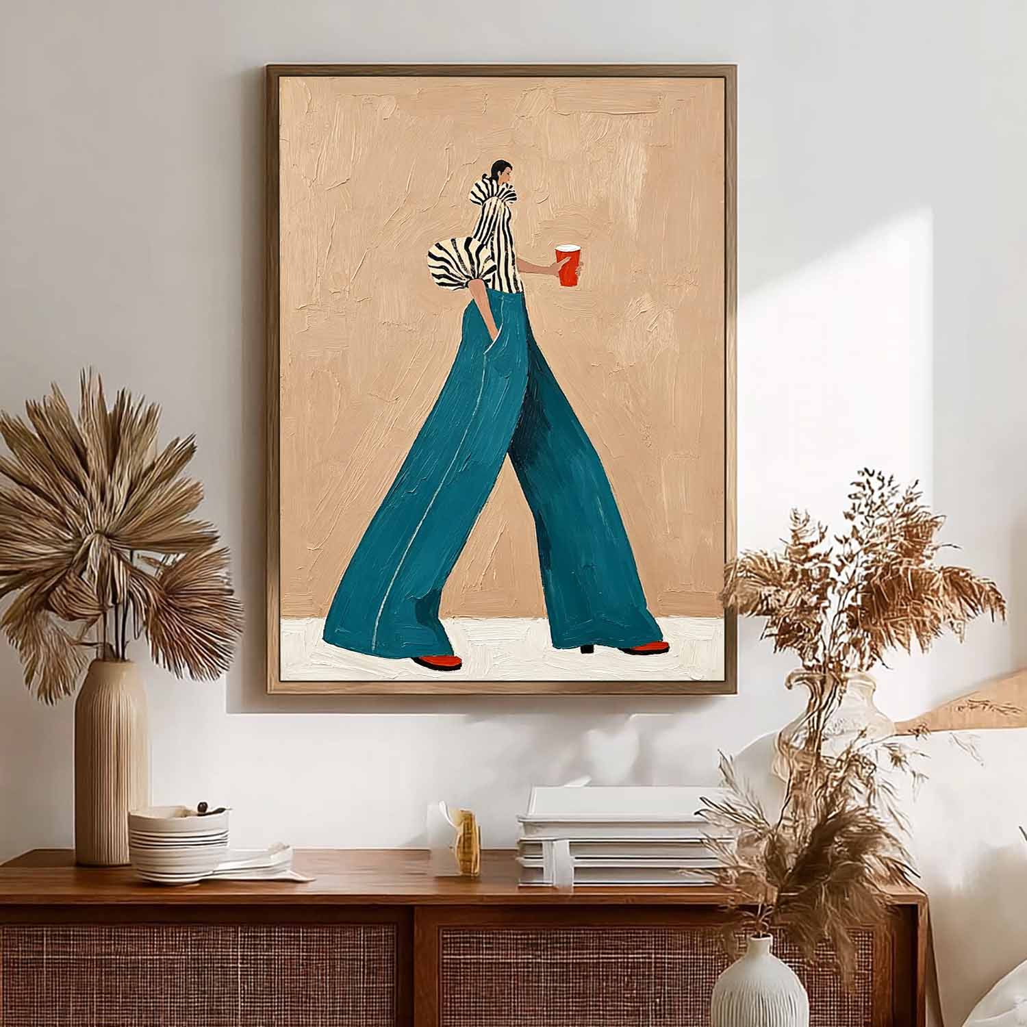 Modern Fashion Wall Art–Woman in Striped Top & Teal Pants Canvas Painting–Stylish Canvas Artwork