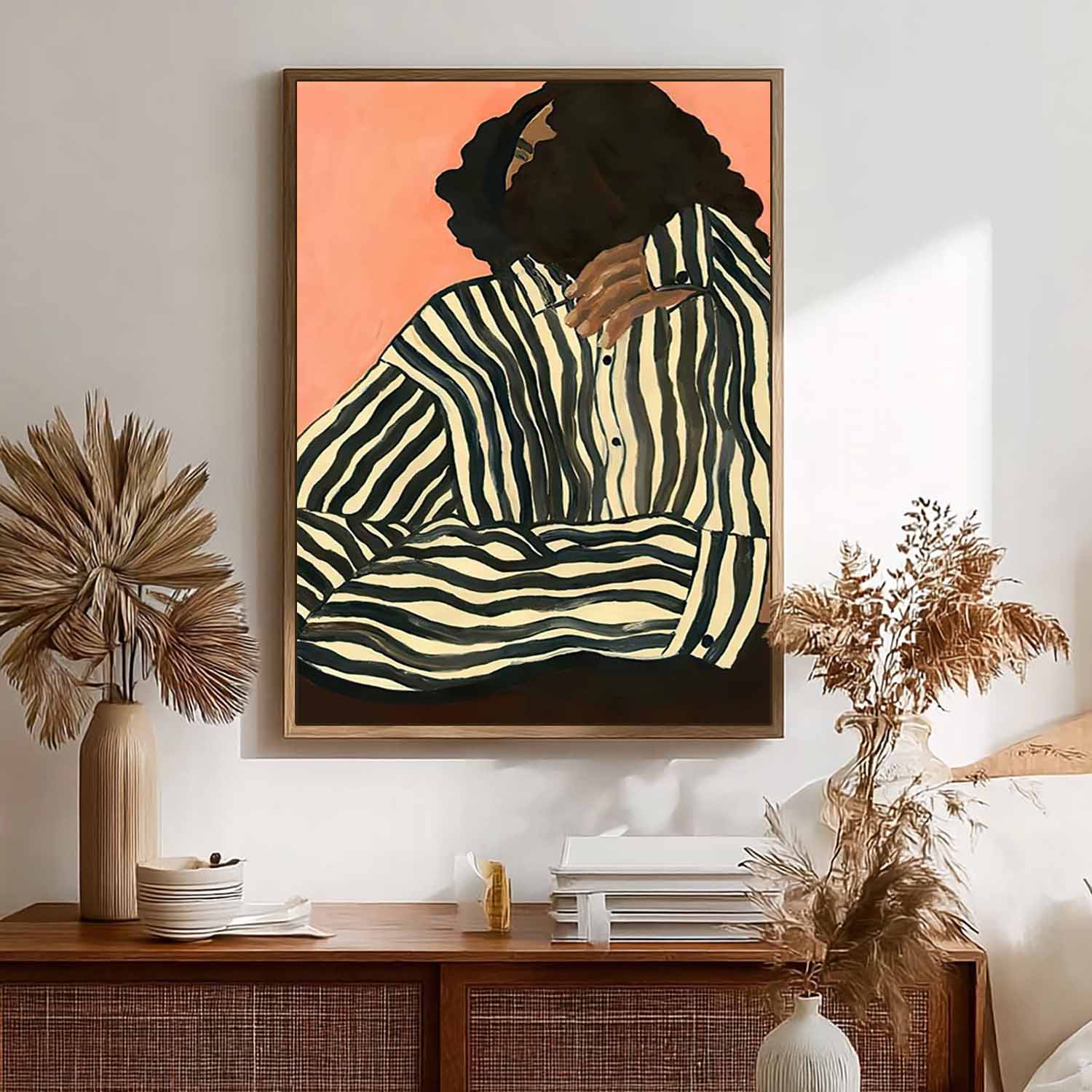 Chic Abstract Canvas Painting – Woman in Striped Shirt – Minimalist Modern Wall Art for Home