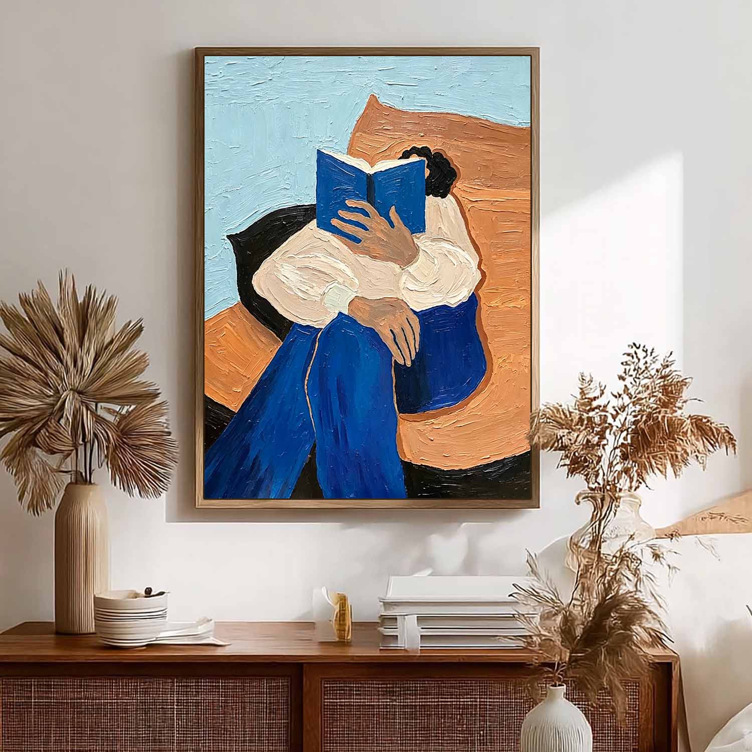 Thick Impasto Oil Painting Girl Reading Book, 3D Textured Modern Wall Art