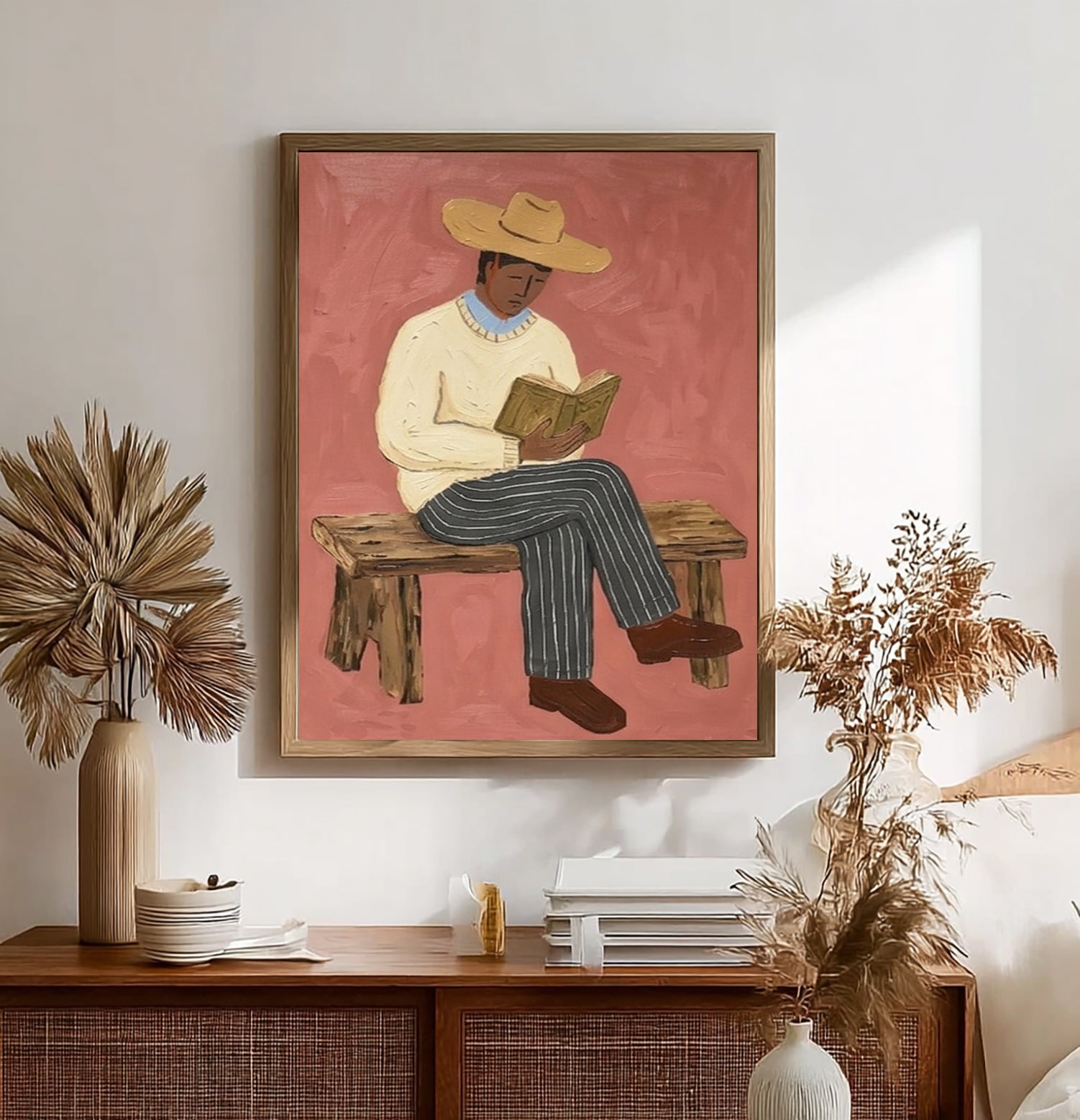 Modern Rustic Male Portrait Painting, Japandi Home Decor, Book Lover Gift Canvas