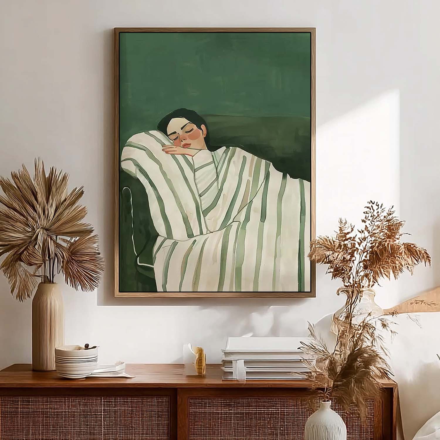 Mid-century Modern Sleeping Girl Oil Painting, Minimalist Green Wall Art