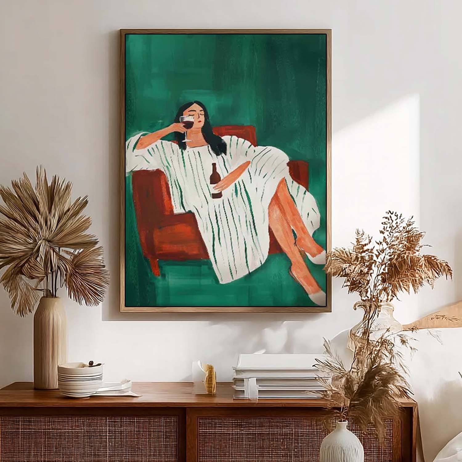 Modern Abstract Woman Lying on Sofa Art, Hand-Painted Green & White Stripes Decor