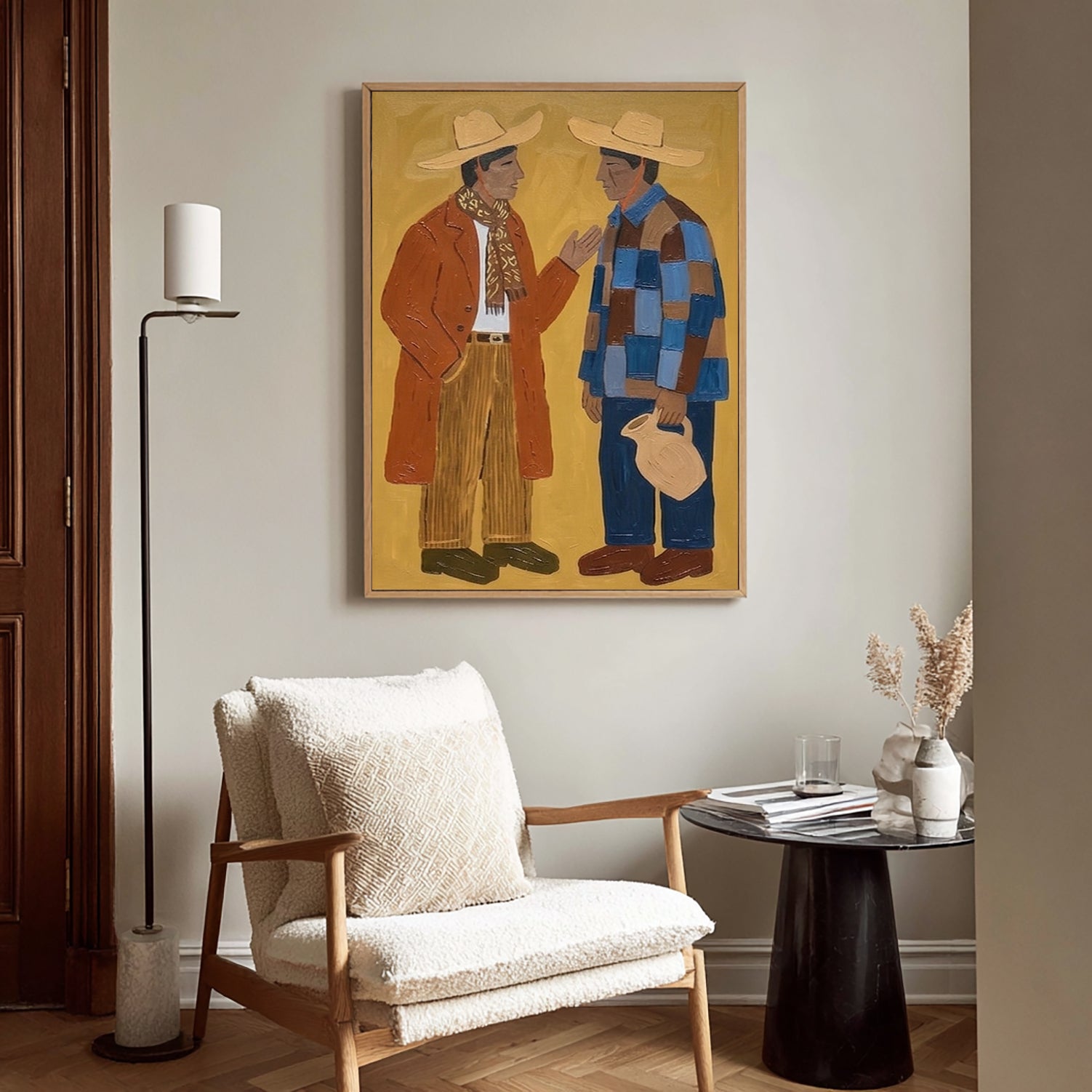 Abstract figure Art, Two Men in Straw Hats Painting, Mid Century Modern Rustic Folk Wall Decor