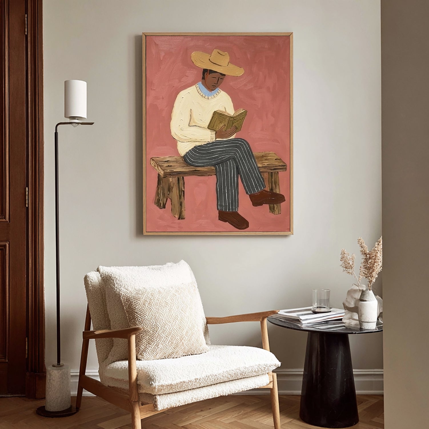 Modern Rustic Male Portrait Painting, Japandi Home Decor, Book Lover Gift Canvas