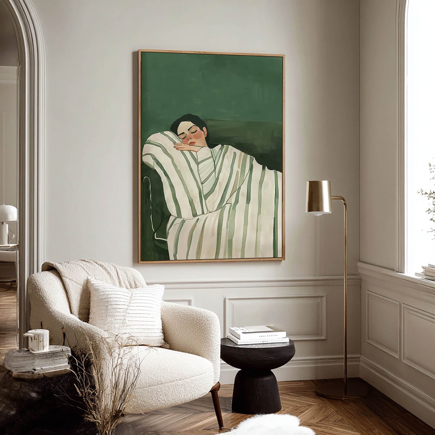Mid-century Modern Sleeping Girl Oil Painting, Minimalist Green Wall Art