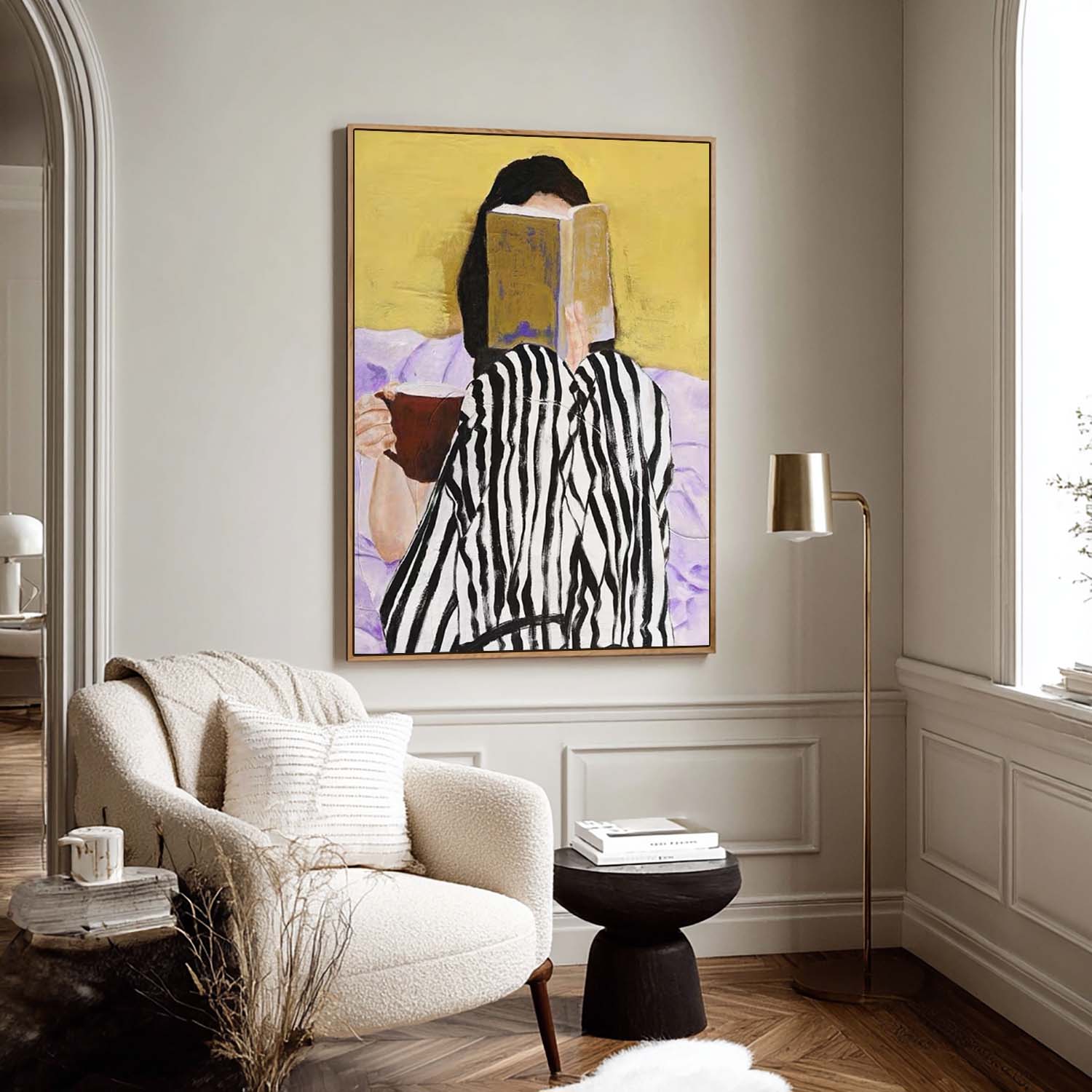 Modern Girl Reading Oil Painting, Black and White Striped Art, Yellow Wall Decor