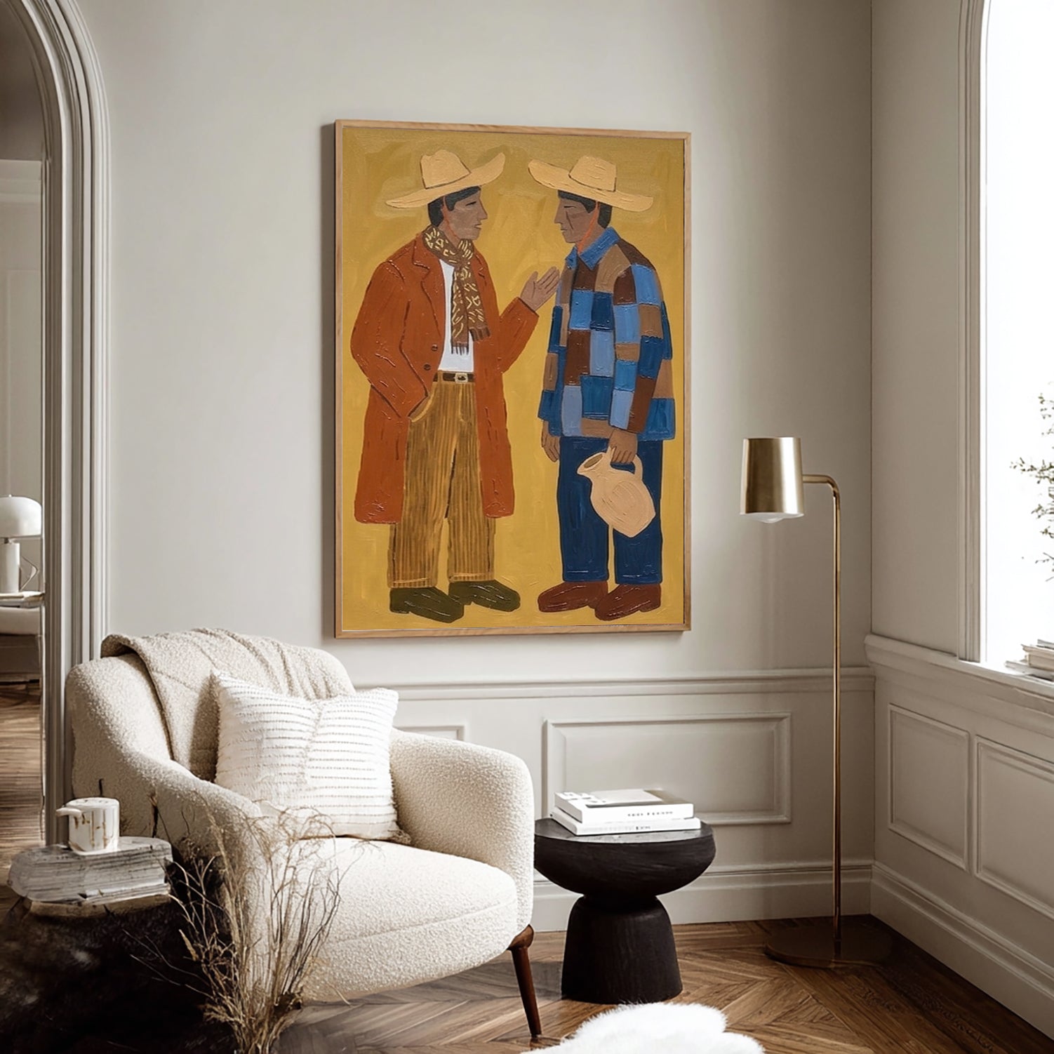 Abstract figure Art, Two Men in Straw Hats Painting, Mid Century Modern Rustic Folk Wall Decor