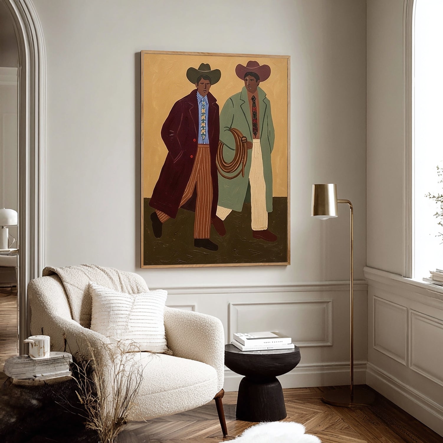 Abstract Cowboys Art , Mid-Century Modern Two Men Walking Painting, Earth Tone Boho Wall art