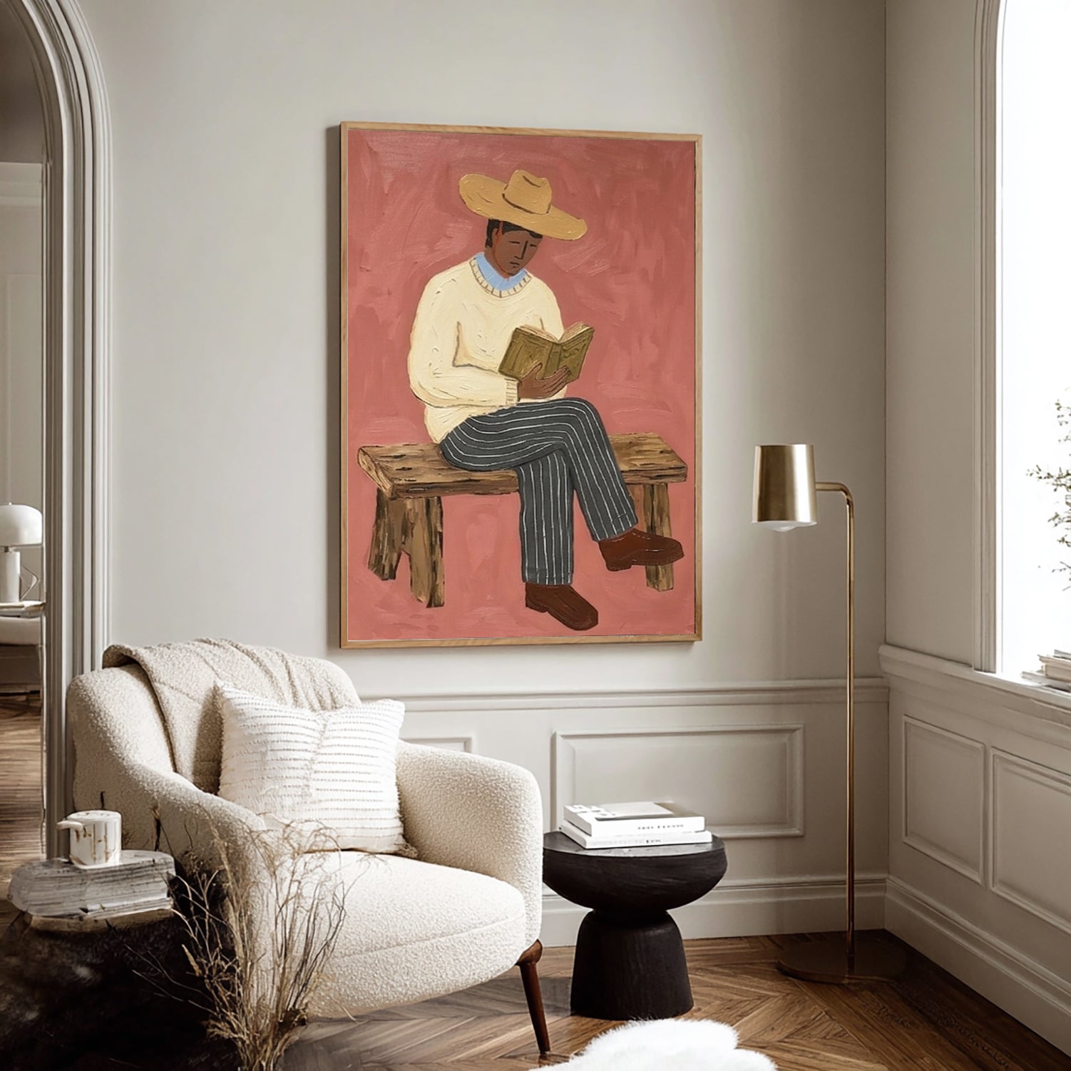 Modern Rustic Male Portrait Painting, Japandi Home Decor, Book Lover Gift Canvas
