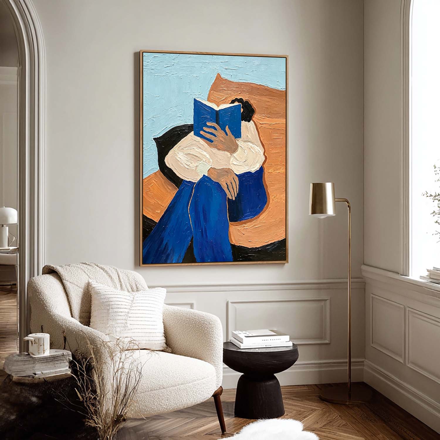 Thick Impasto Oil Painting Girl Reading Book, 3D Textured Modern Wall Art