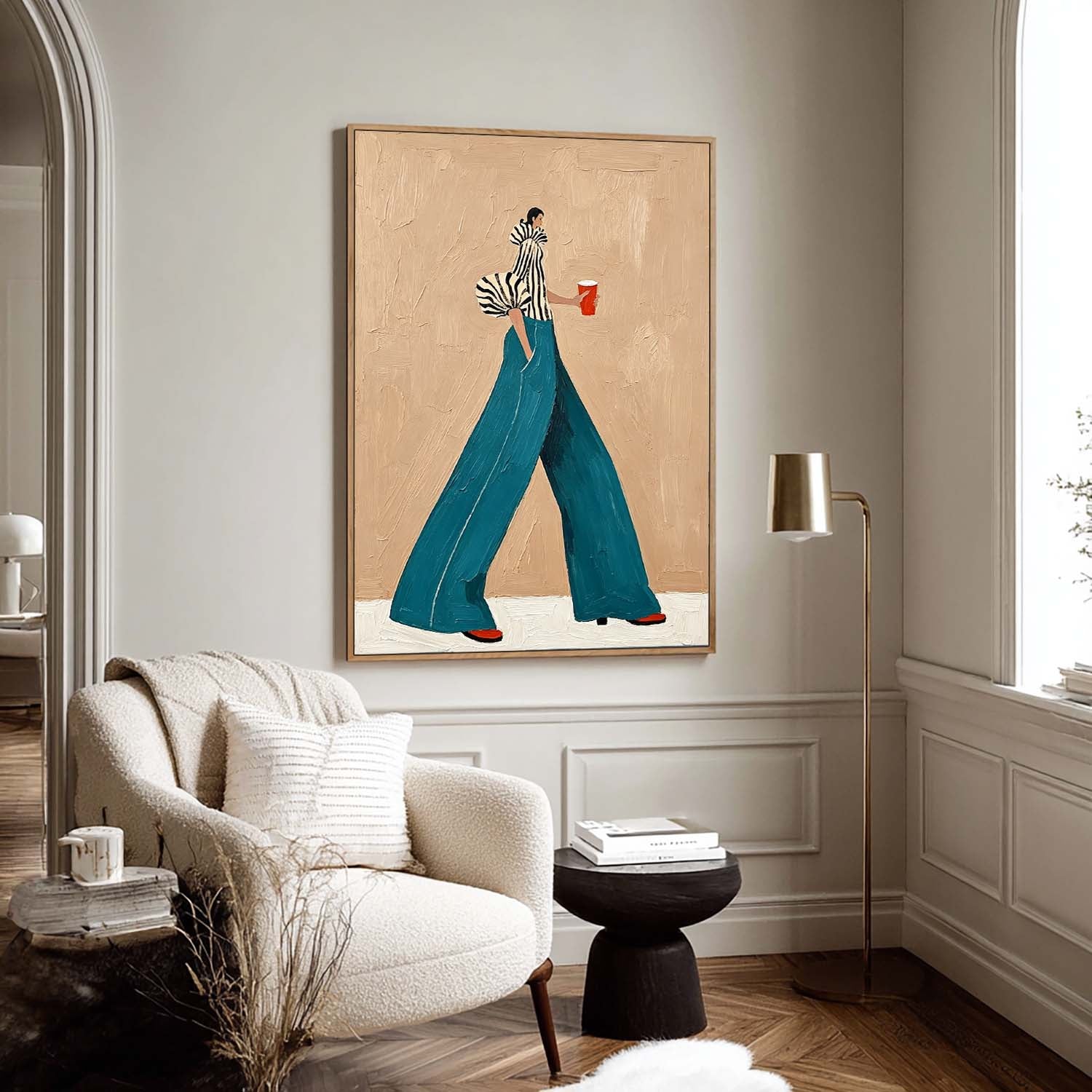 Modern Fashion Wall Art–Woman in Striped Top & Teal Pants Canvas Painting–Stylish Canvas Artwork