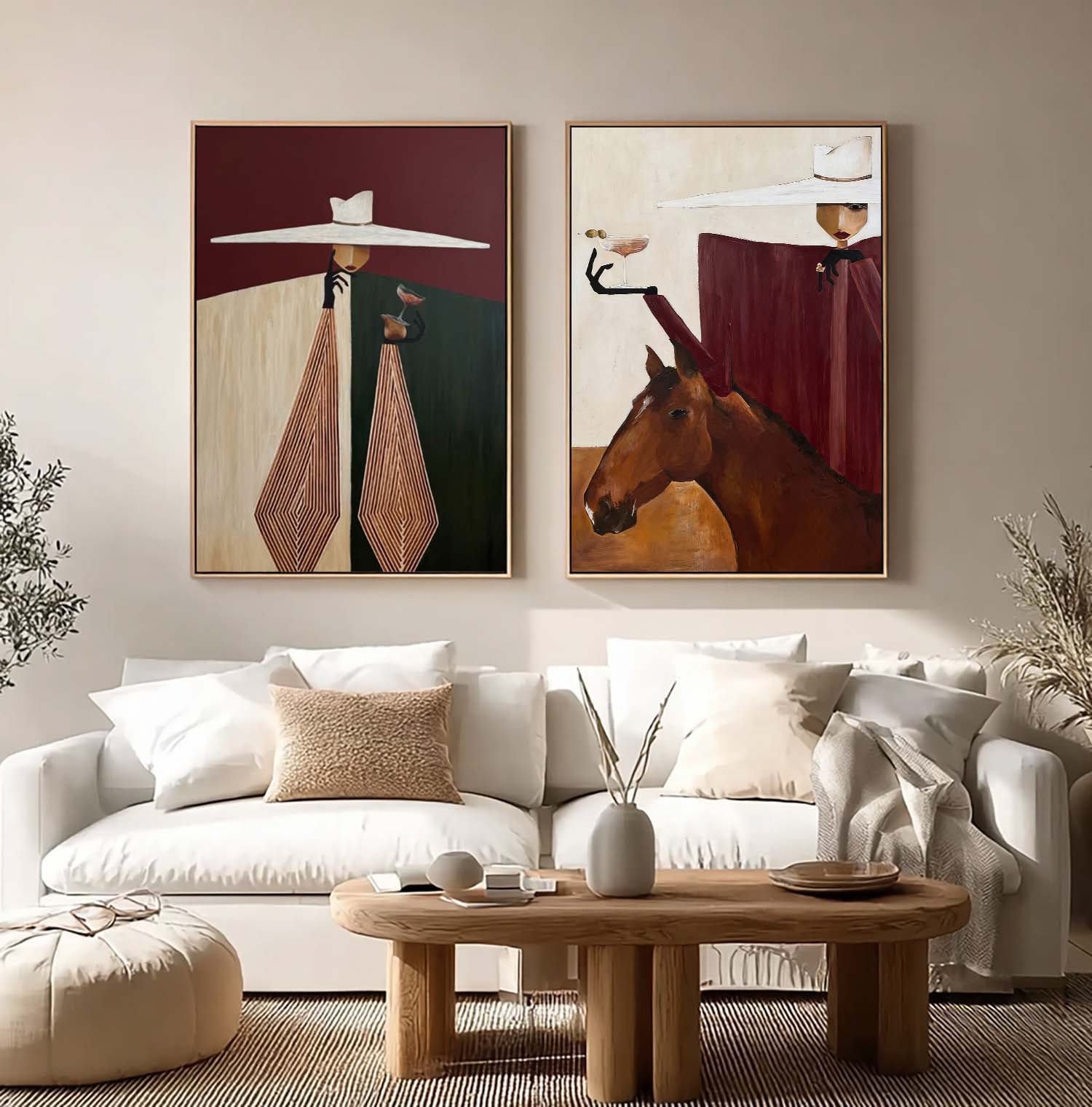 Mid-Century Modern Minimalist Figurative Oil Painting - Sophisticated Lady with Horse Canvas Wall Art