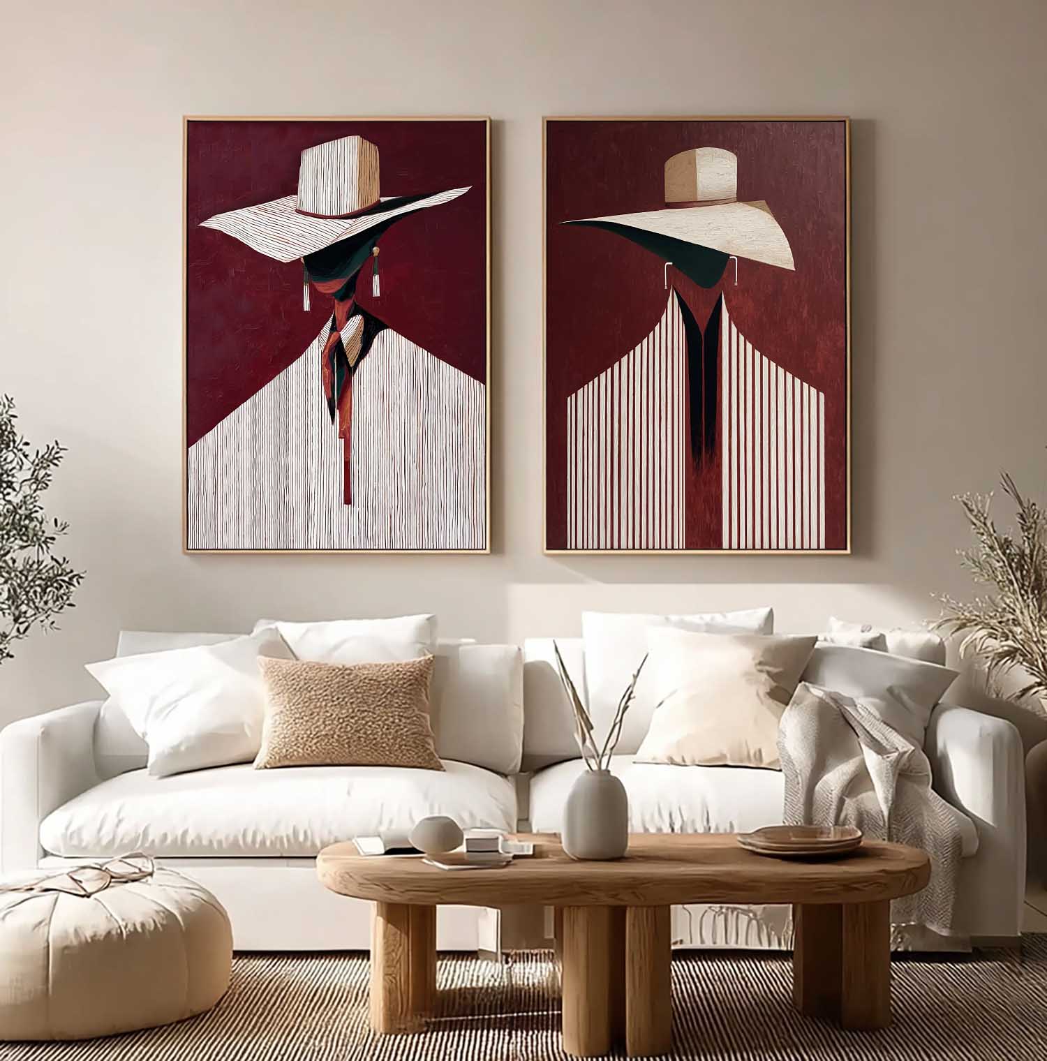 Mid-Century Modern Abstract Lady Oil Painting - Burgundy & Stripe Fashion Figurative Diptych