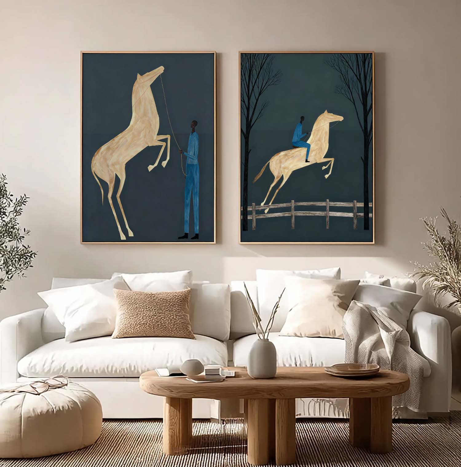 Modern Minimalist Equestrian Oil Painting Set - Deep Teal Horse Wall Art for Living Room