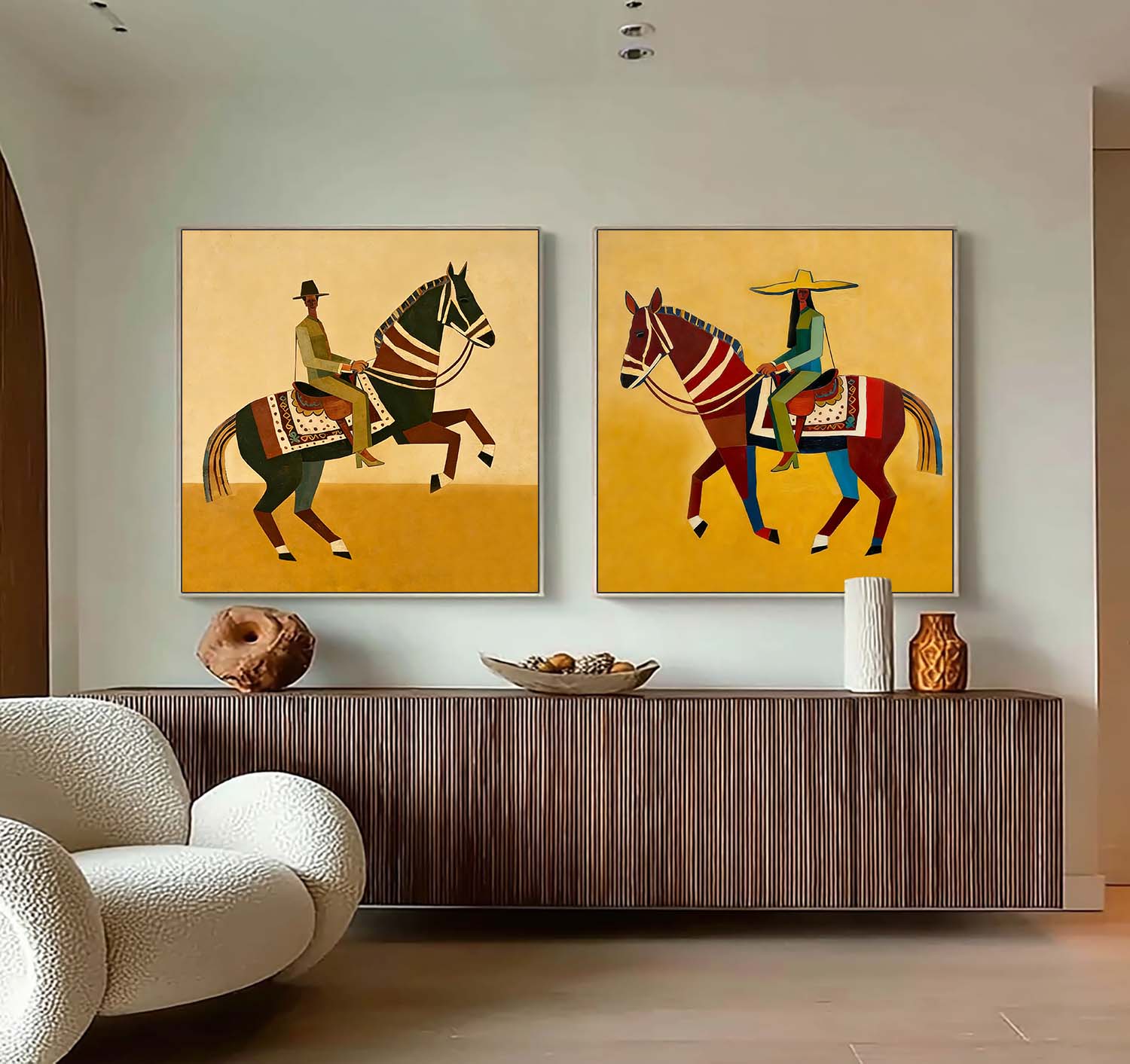 Set of 2 Abstract Colorful Equestrian Wall Art Vibrant Folk Art Horse & Rider Painting