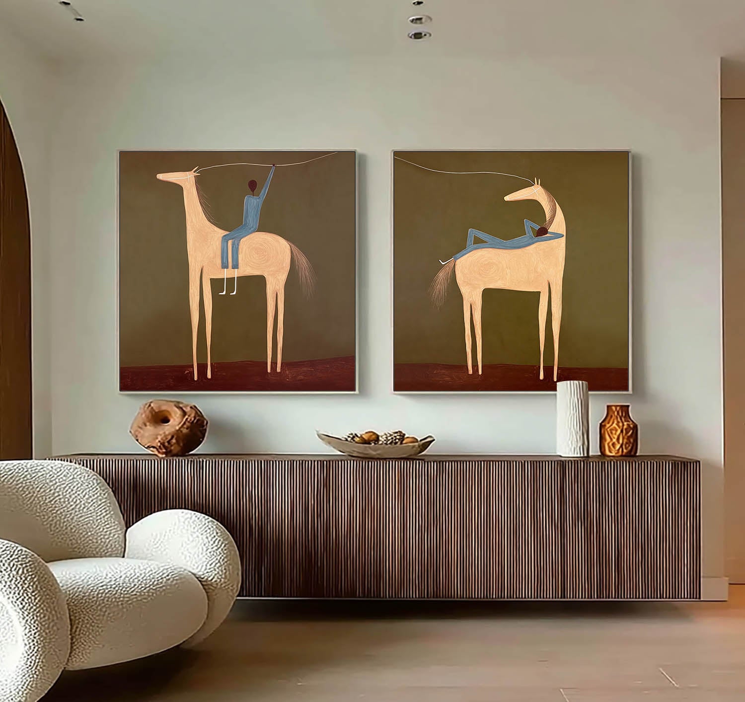 Earthy Tones Hand-Painted Canvas Art - Abstract Equestrian Silhouette for Modern Living Room