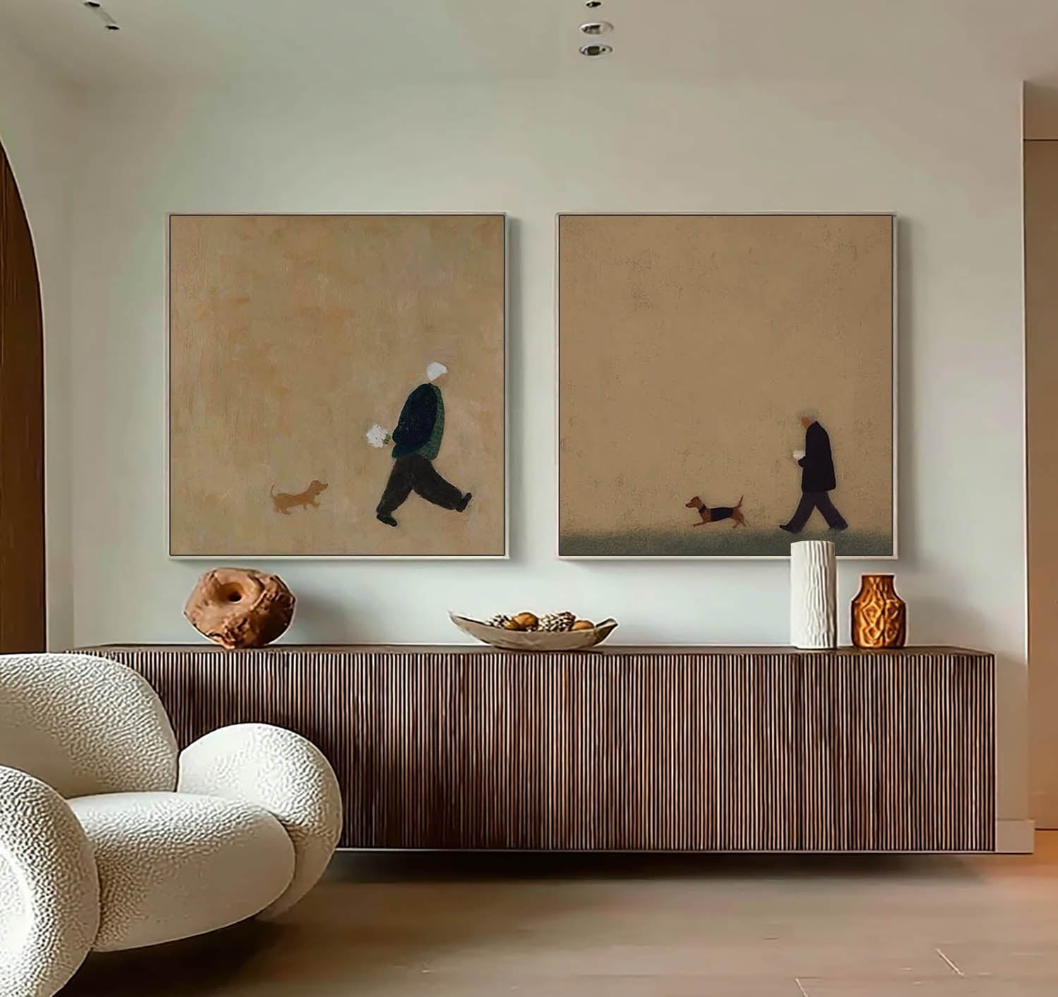 Modern Abstract Figures & Dog Canvas Art - Set of 2 Textured Oil Painting Earthy Tone Decor