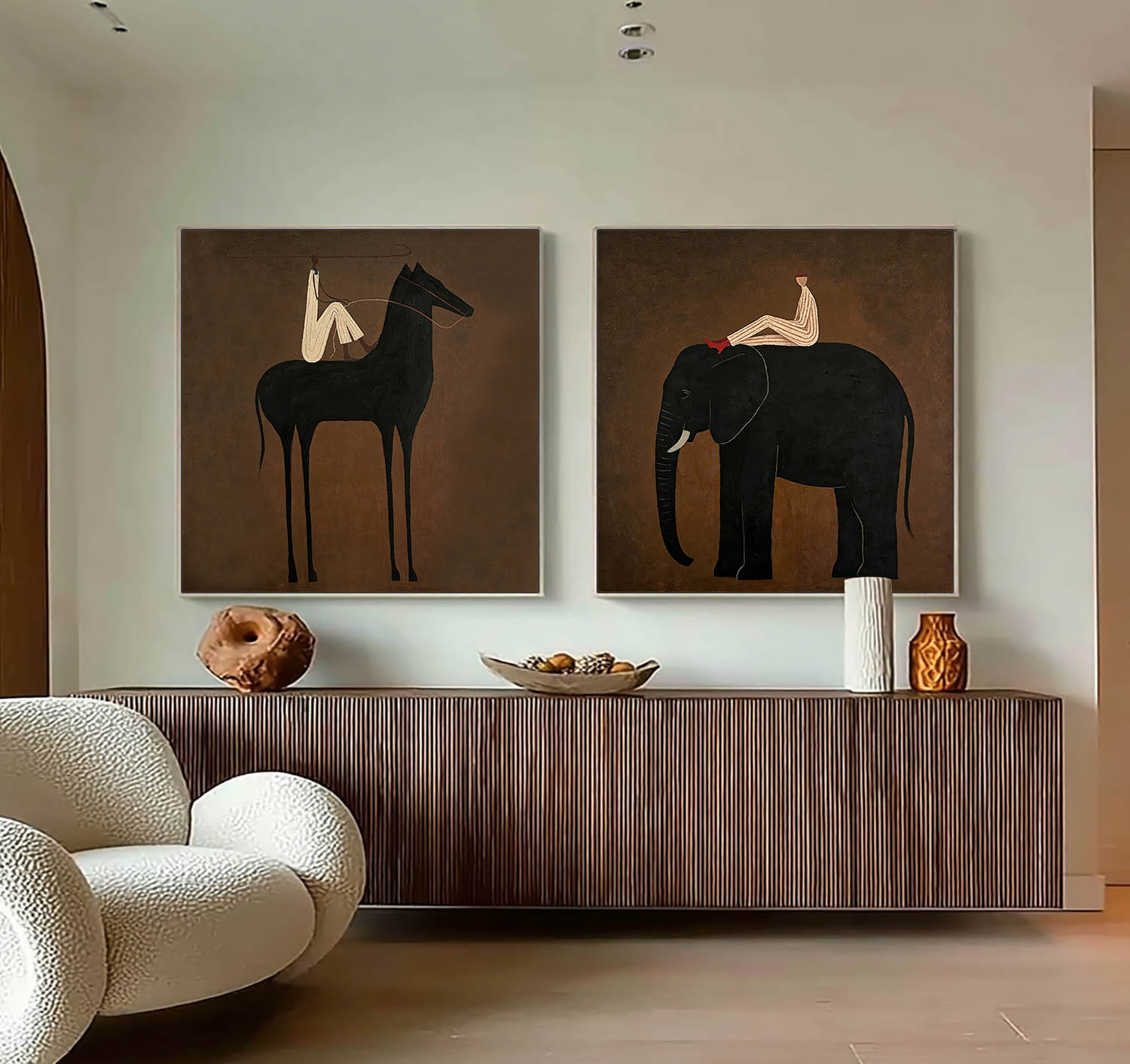 Set of 2 Original Hand-Painted Contemporary Wall Decor Modern Horse & Elephant Set Painting