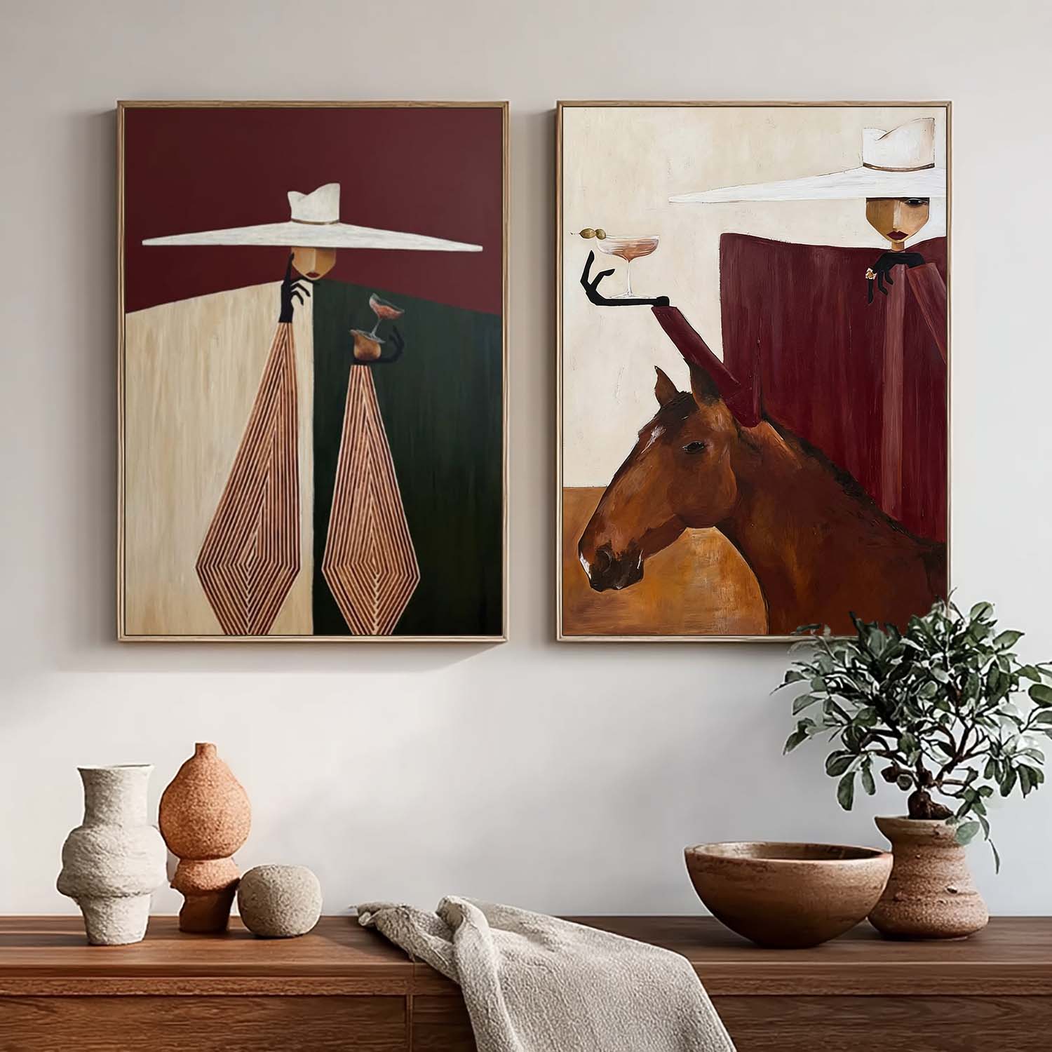 Mid-Century Modern Minimalist Figurative Oil Painting - Sophisticated Lady with Horse Canvas Wall Art
