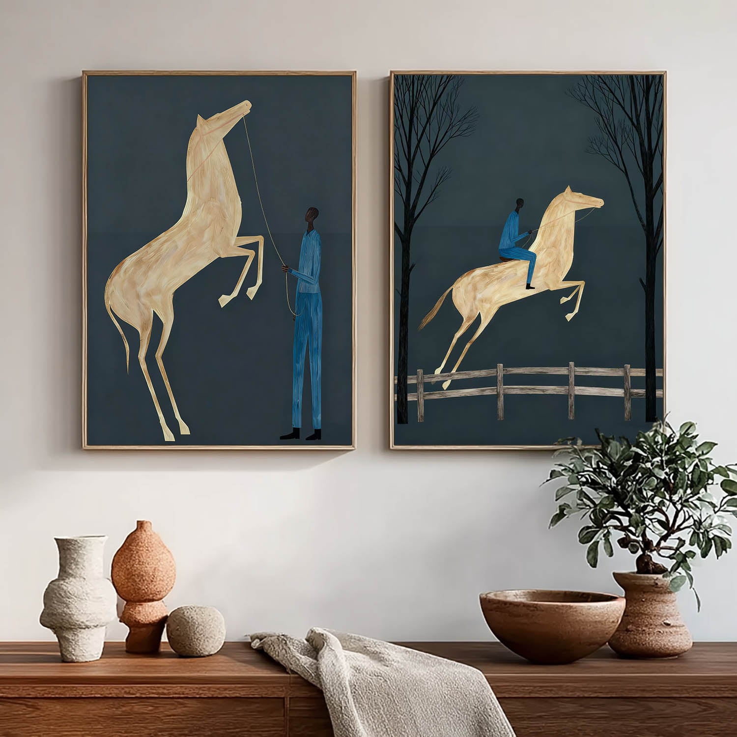 Modern Minimalist Equestrian Oil Painting Set - Deep Teal Horse Wall Art for Living Room