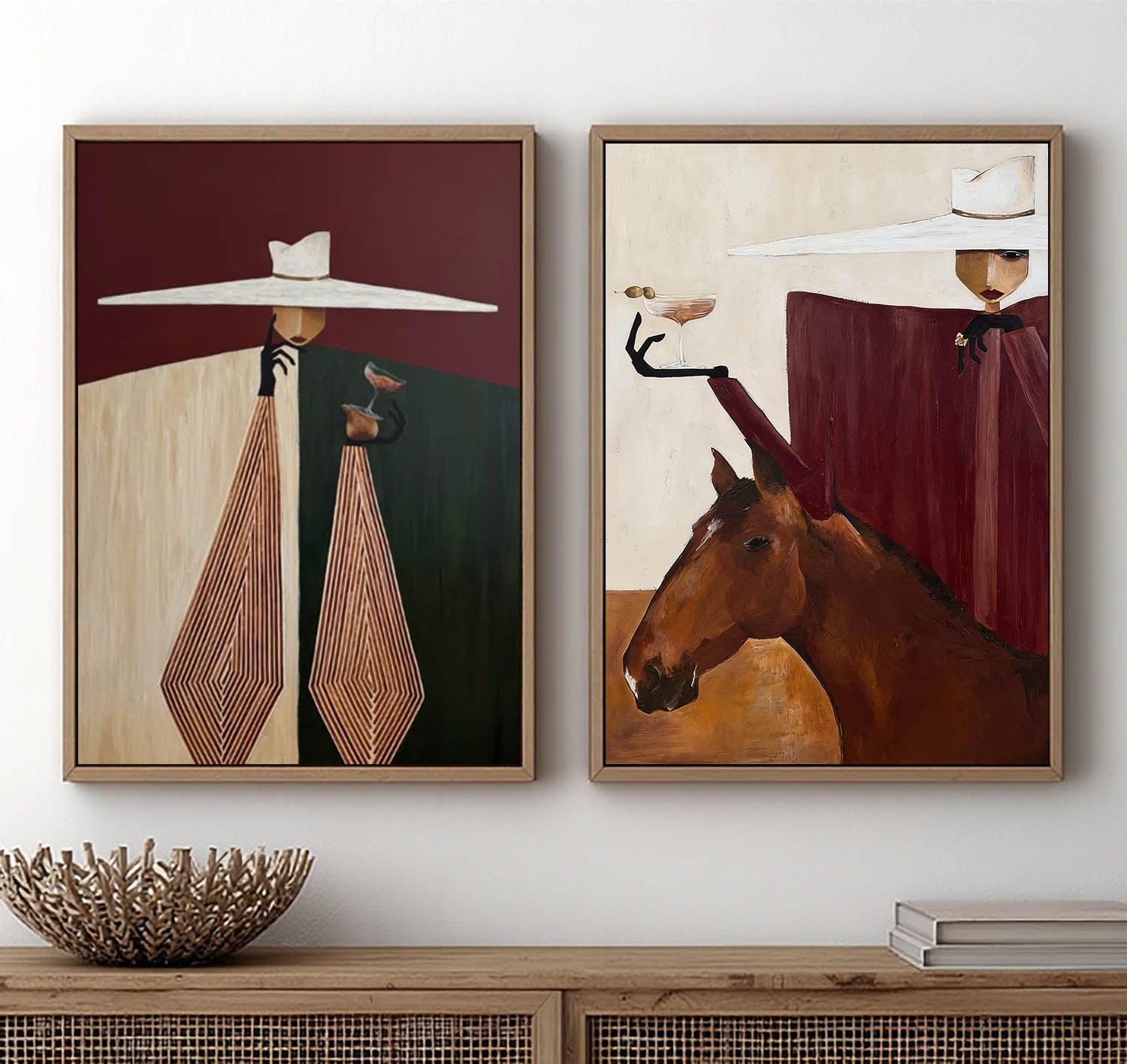 Mid-Century Modern Minimalist Figurative Oil Painting - Sophisticated Lady with Horse Canvas Wall Art