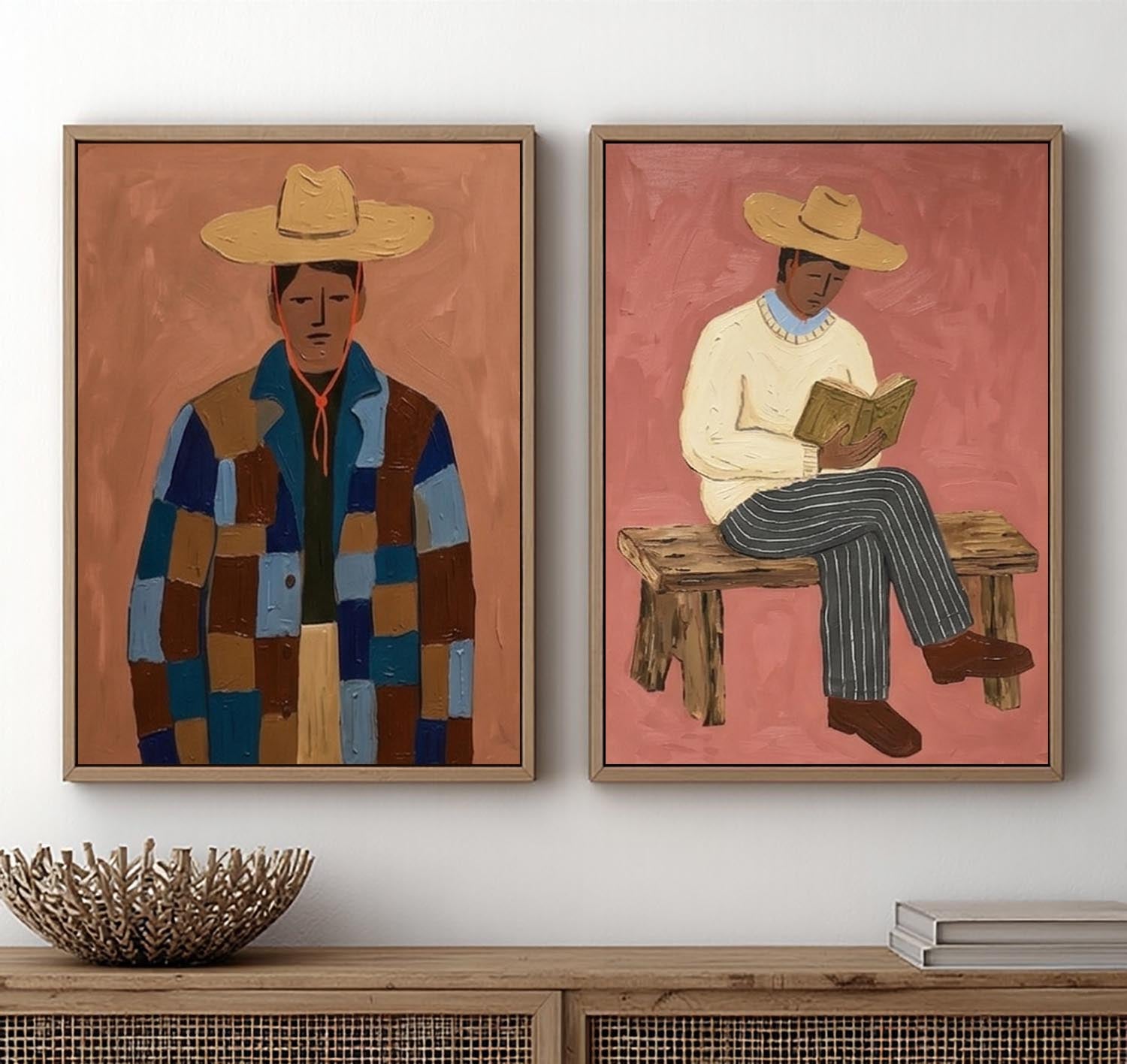 Hand-Painted Folk Modernist Oil Painting - Retro Male Portrait Set - Mid-Century Rustic Wall Decor
