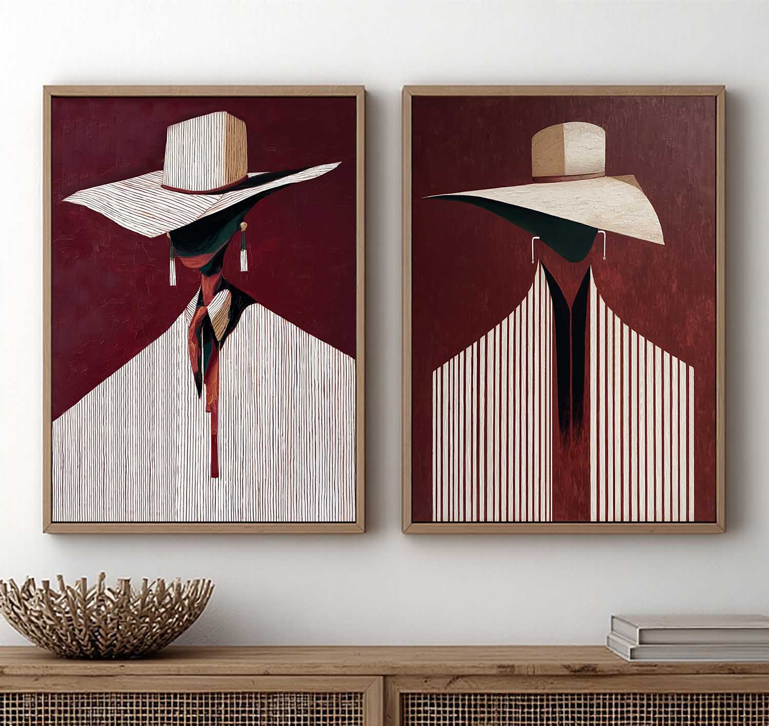 Mid-Century Modern Abstract Lady Oil Painting - Burgundy & Stripe Fashion Figurative Diptych