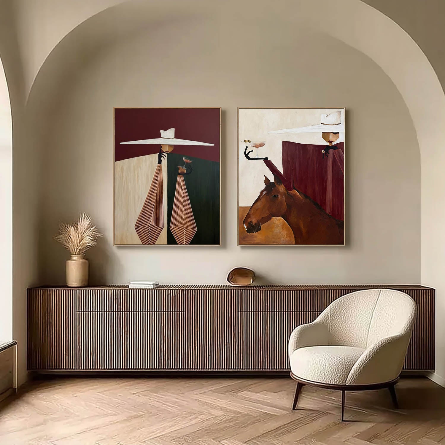 Mid-Century Modern Minimalist Figurative Oil Painting - Sophisticated Lady with Horse Canvas Wall Art