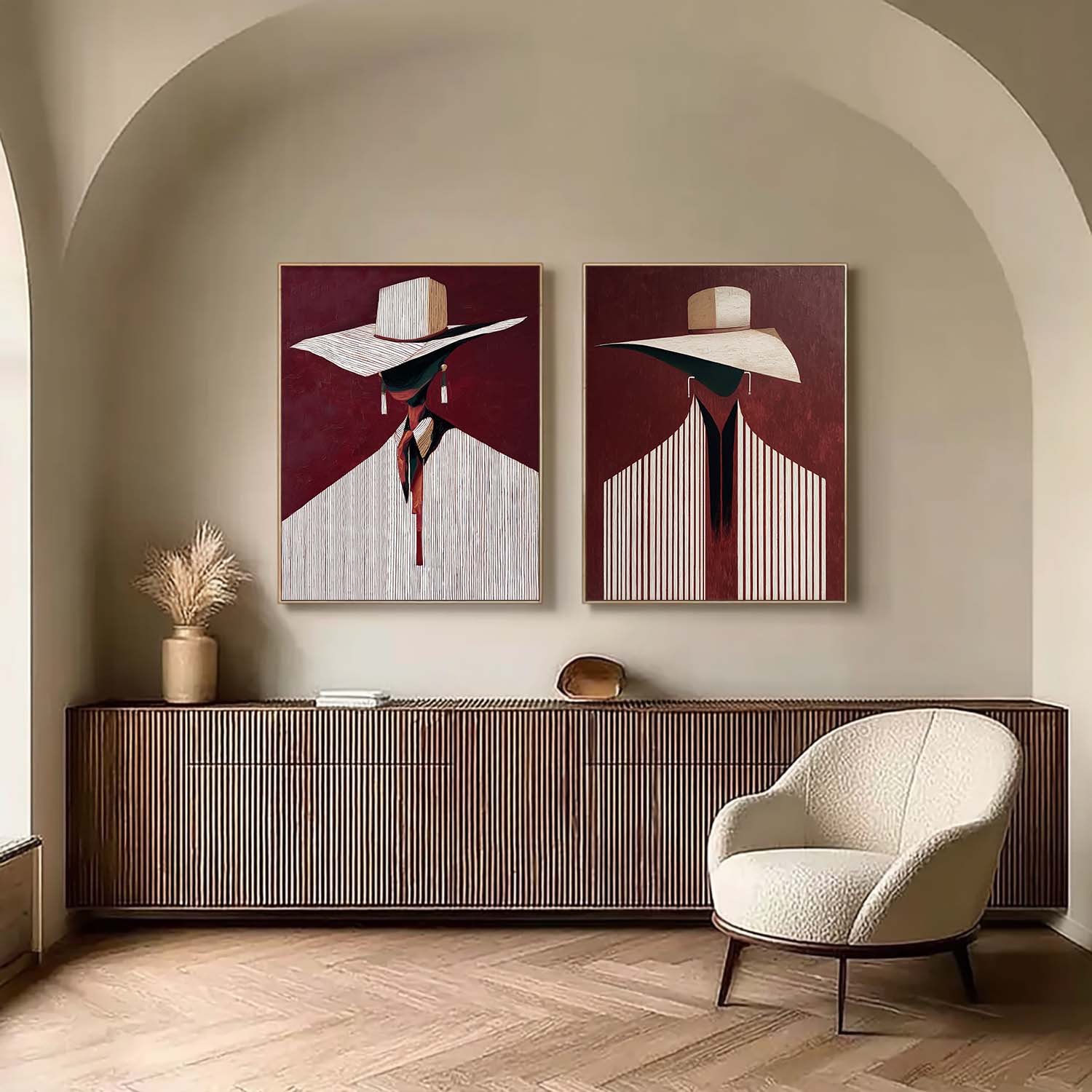 Mid-Century Modern Abstract Lady Oil Painting - Burgundy & Stripe Fashion Figurative Diptych