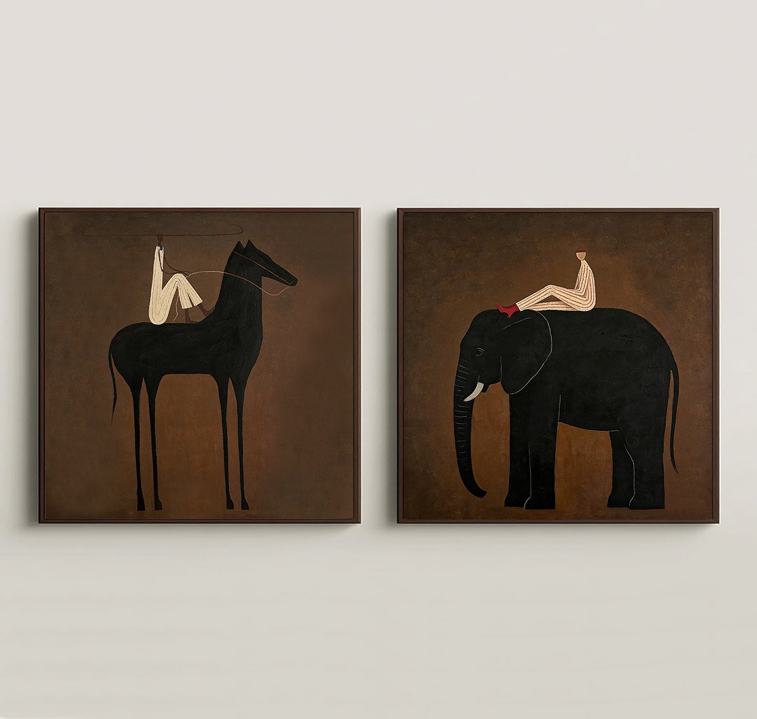 Set of 2 Original Hand-Painted Contemporary Wall Decor Modern Horse & Elephant Set Painting