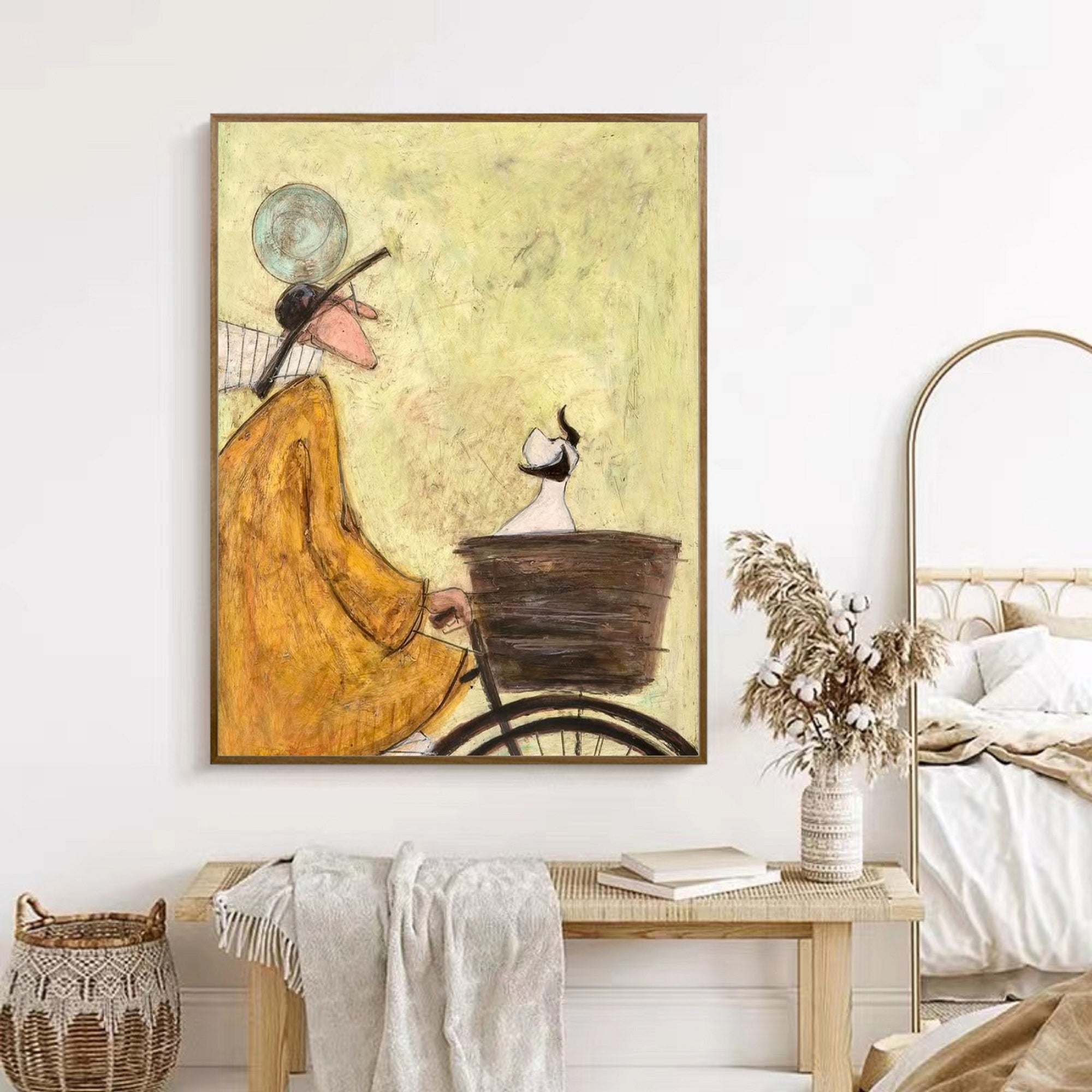 Hand-Painted Vintage Mid-Century Style Bicycle Wall Art | Whimsical Textured Canvas Painting